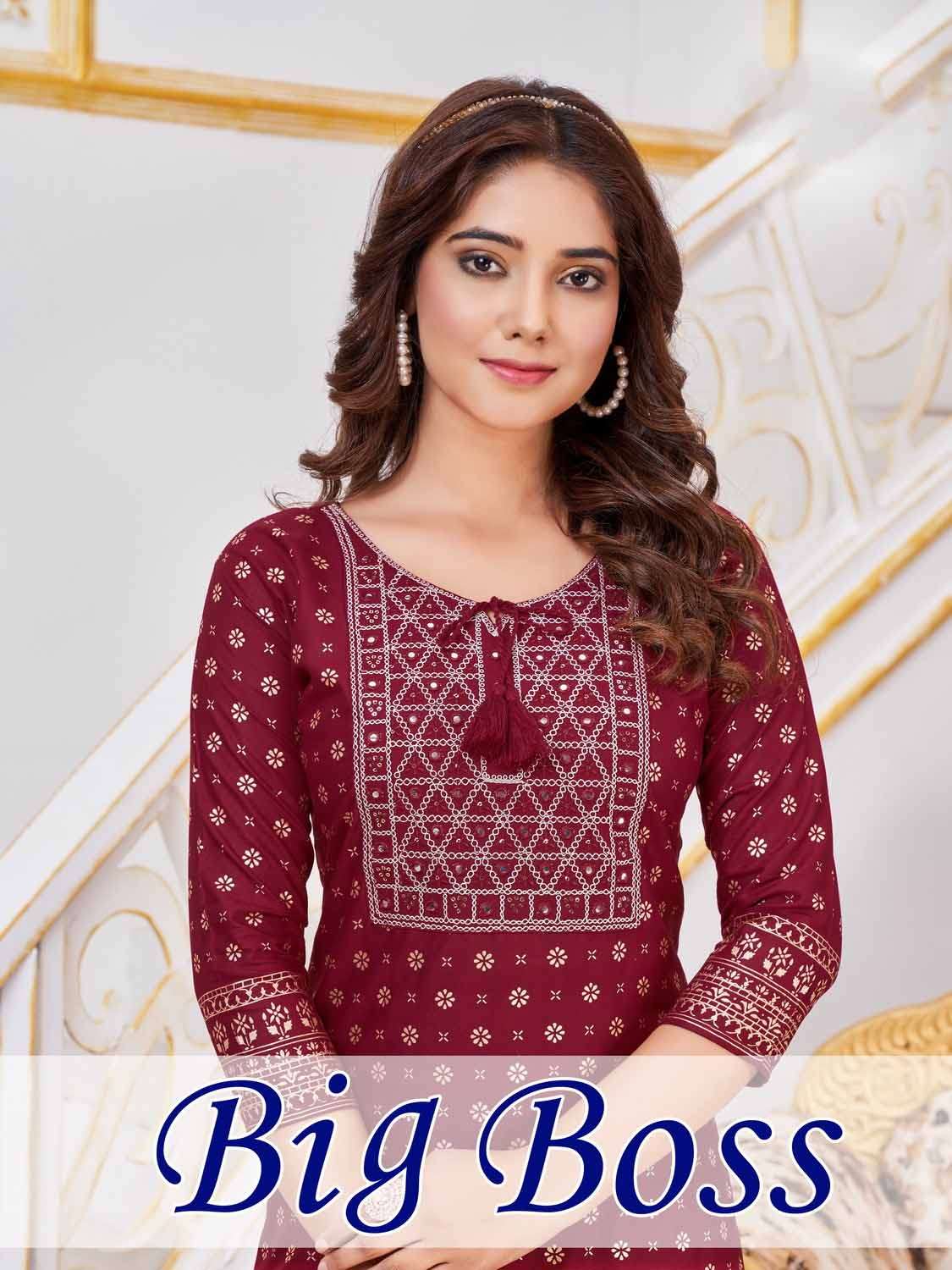 big boss blue hils rayon foil print kurti wholesale collection 