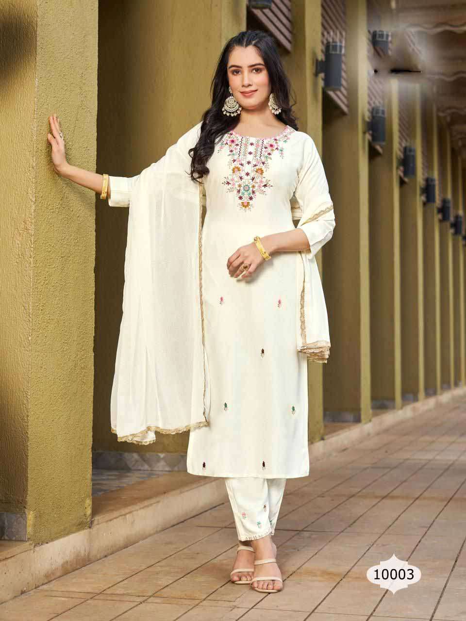 jannat blue hills 14kg rayon kurti pant dupatta wholesale collection