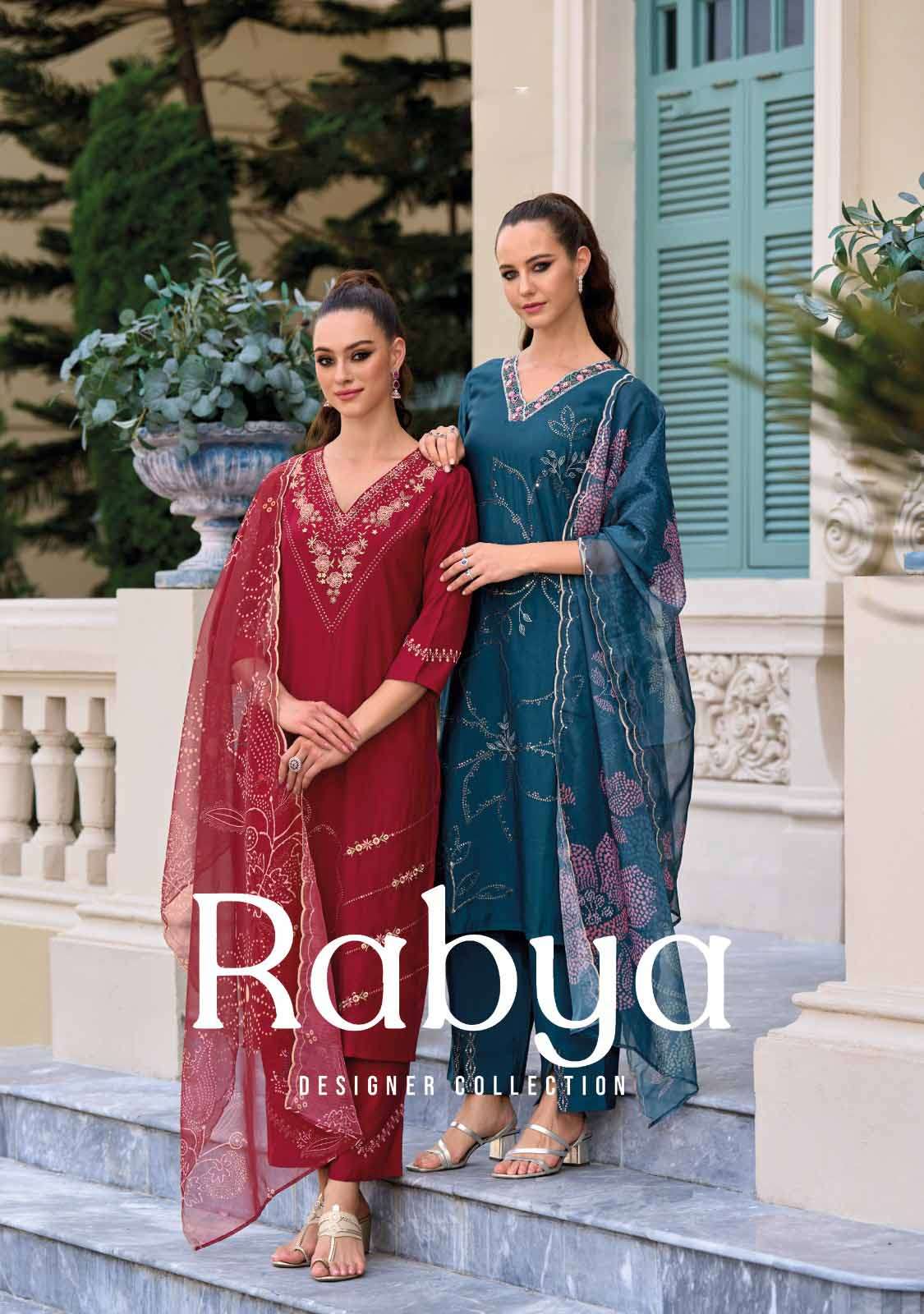 rabya lady leela viscose fancy v neck style kurti with fancy pant dupatta wholesale collection