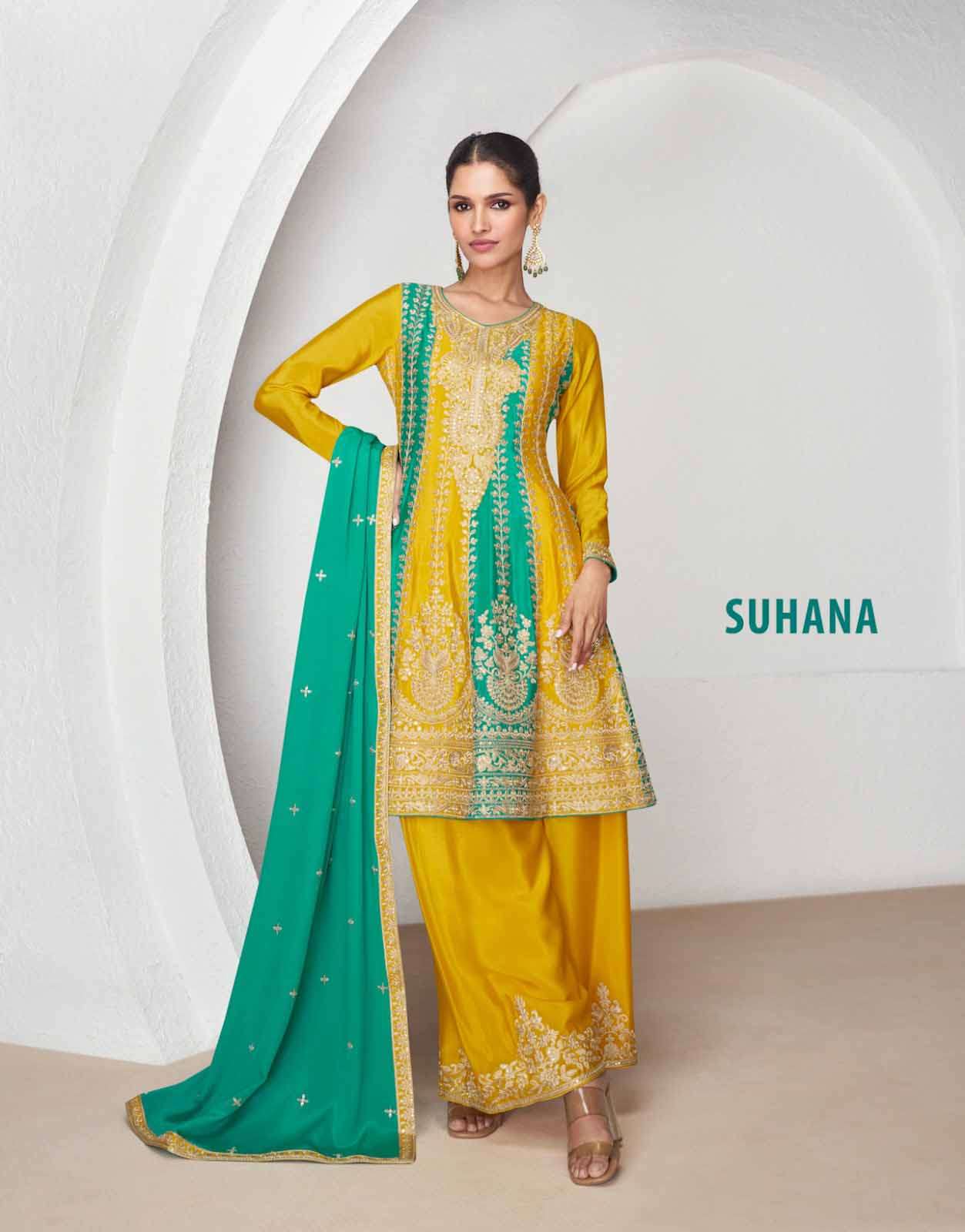 suhana aashirwad chinon silk anarkali style suit with plazzo and dupatta wholesale collection