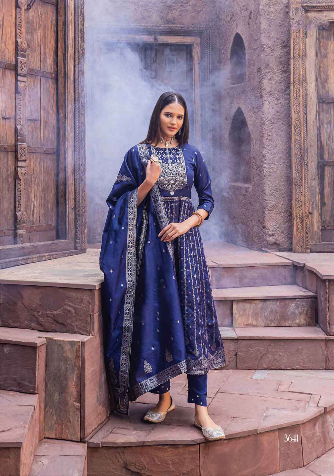 haseen pal vol 9 anju fabrics anarkali dress pant with jacquard dupatta wholesale supplier