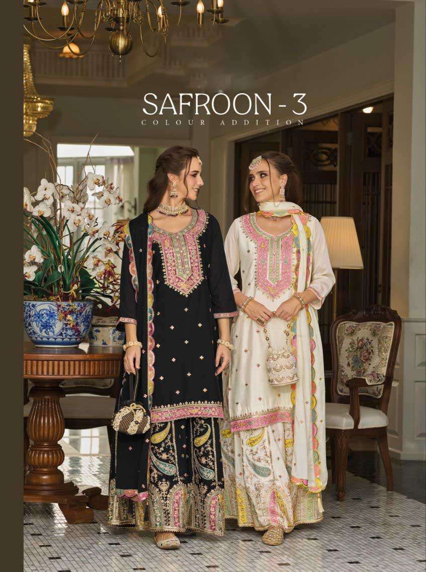 safroon vol 3 eba heavy chinon embroidery work designer plazzo suit wholesale supplier