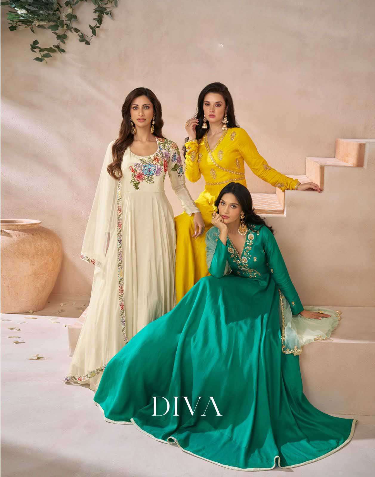 diva sayuri premium silk readymade designer gown with dupatta wholesale collection