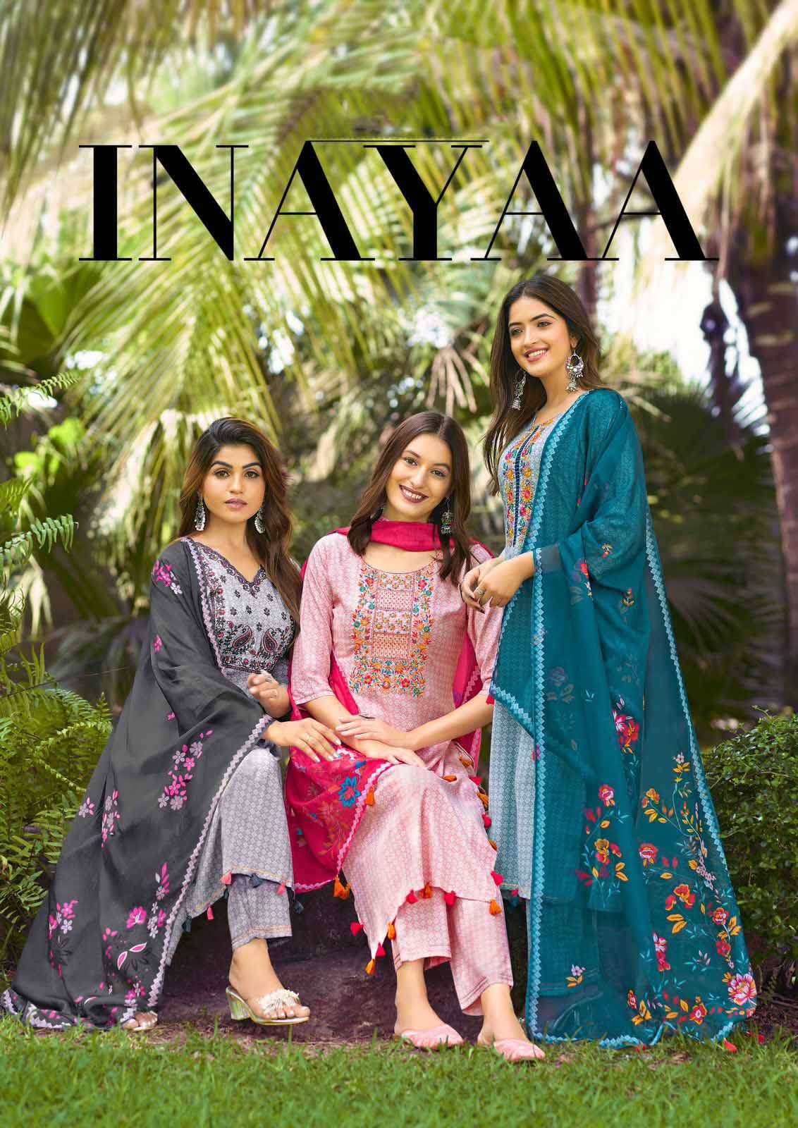 innaya mittoo rayon print threadwork and handwork kurti pant dupatta wholesale collection