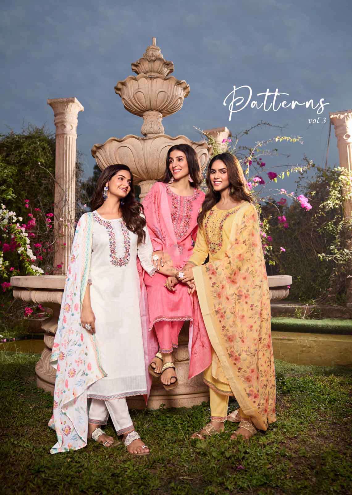 anju fabrics patterns vol 3 beautiful embroidery with mirror work kurti Pant Dupatta collection