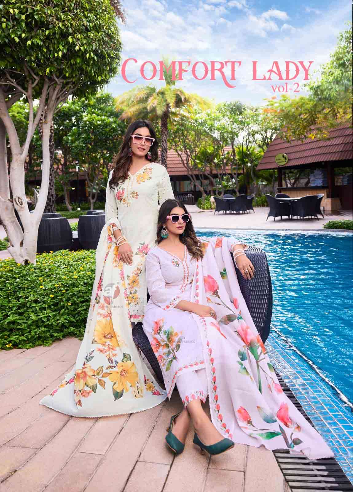 comfort lady vol 2 anju fabric cotton schiffli designer kurti pant with digital dupatta