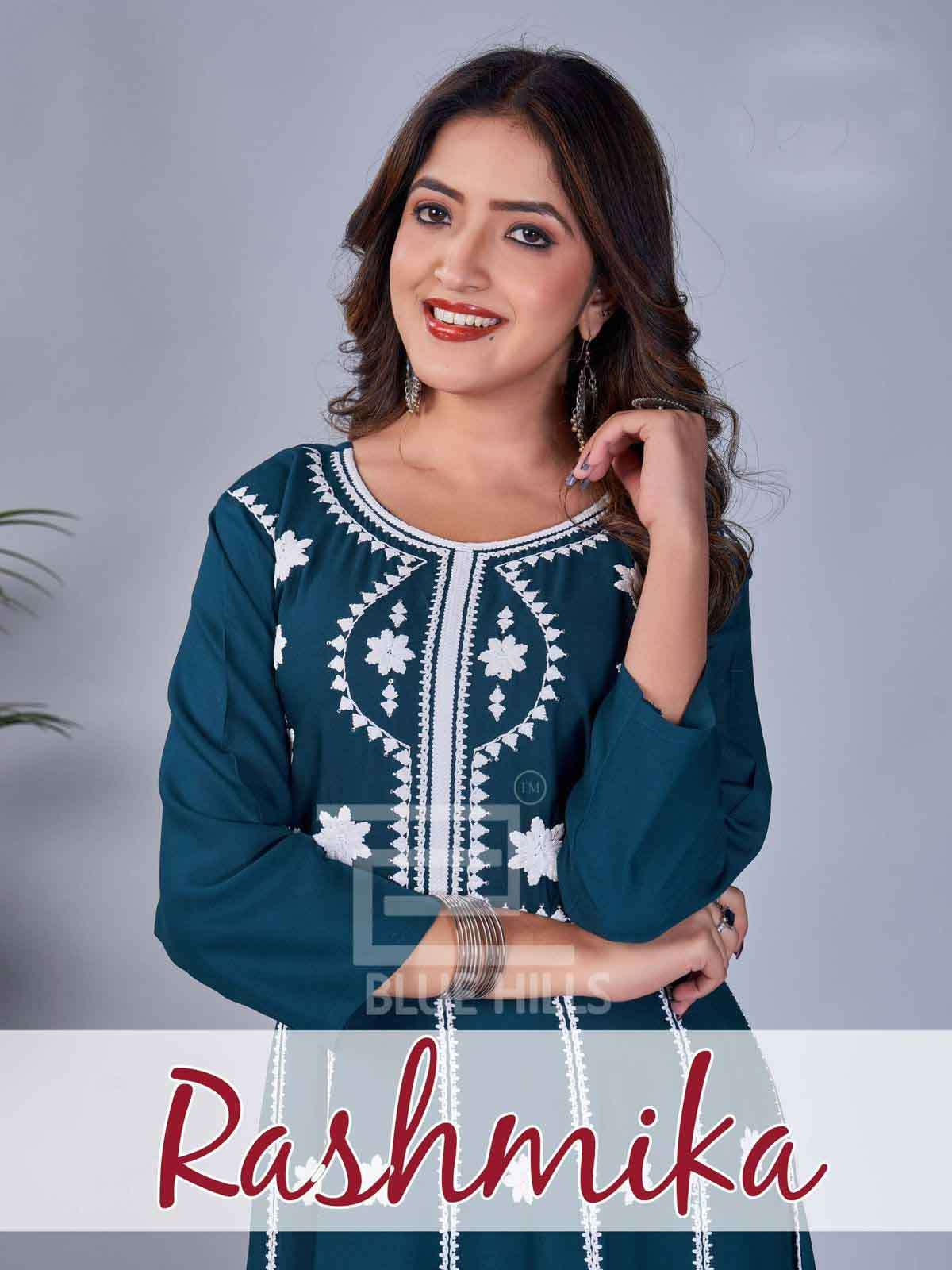 rashmika blue hills heavy rayon long gown kurti wholesale collection