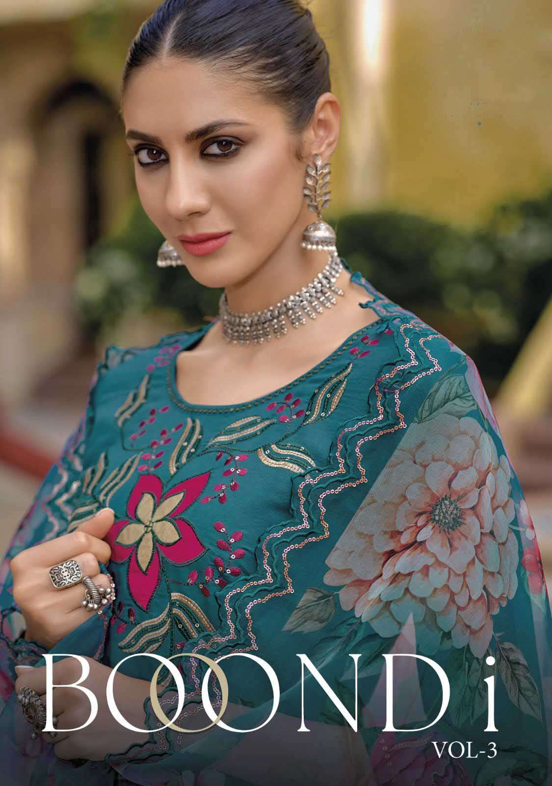 boondi vol 3 by kailee pure viscose silk designer fancy applique work and handwork kurti pant dupatta set