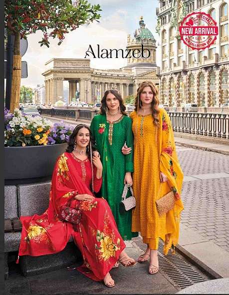 Buy Online Alamzeb Lily lali Schiffli Bored work Anarkali Style Kurti Pant Dupatta set