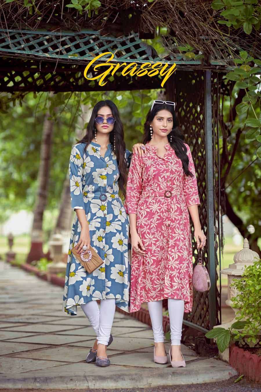 Buy Online Graccy Tips tops Heavy Rayon Print A line Kurti with Belt Collection