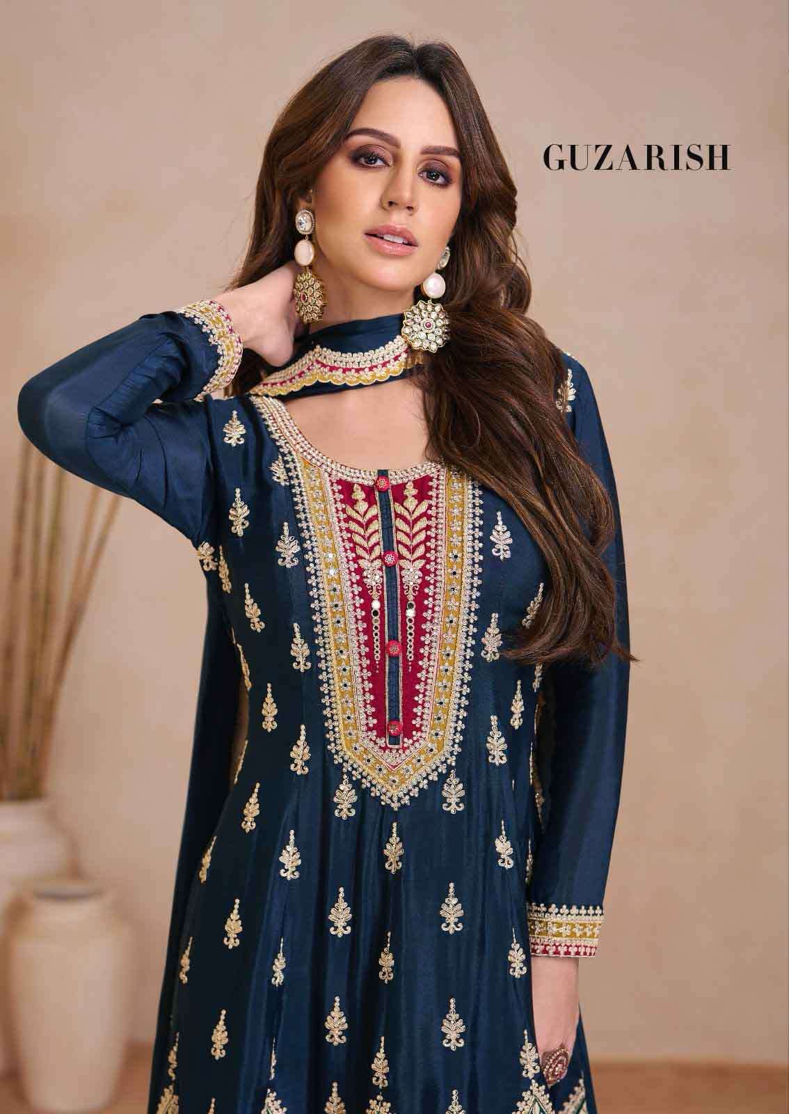 Guzarish Gulkayra Real Chinon Heavy Embroidery Readymade Plazzo Suit Collection