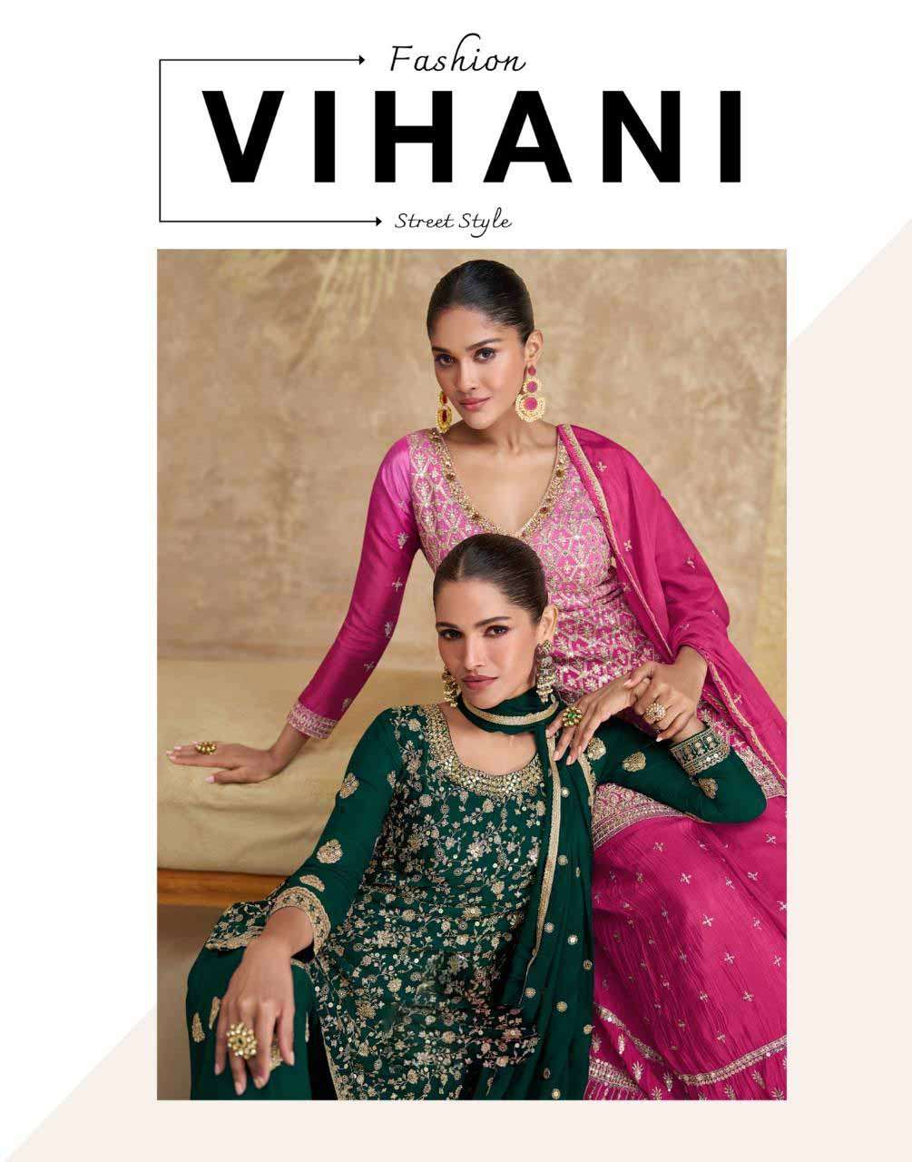 Vihani Sayuri free size stitched Real chinon silk premium Plazzo Suit collection