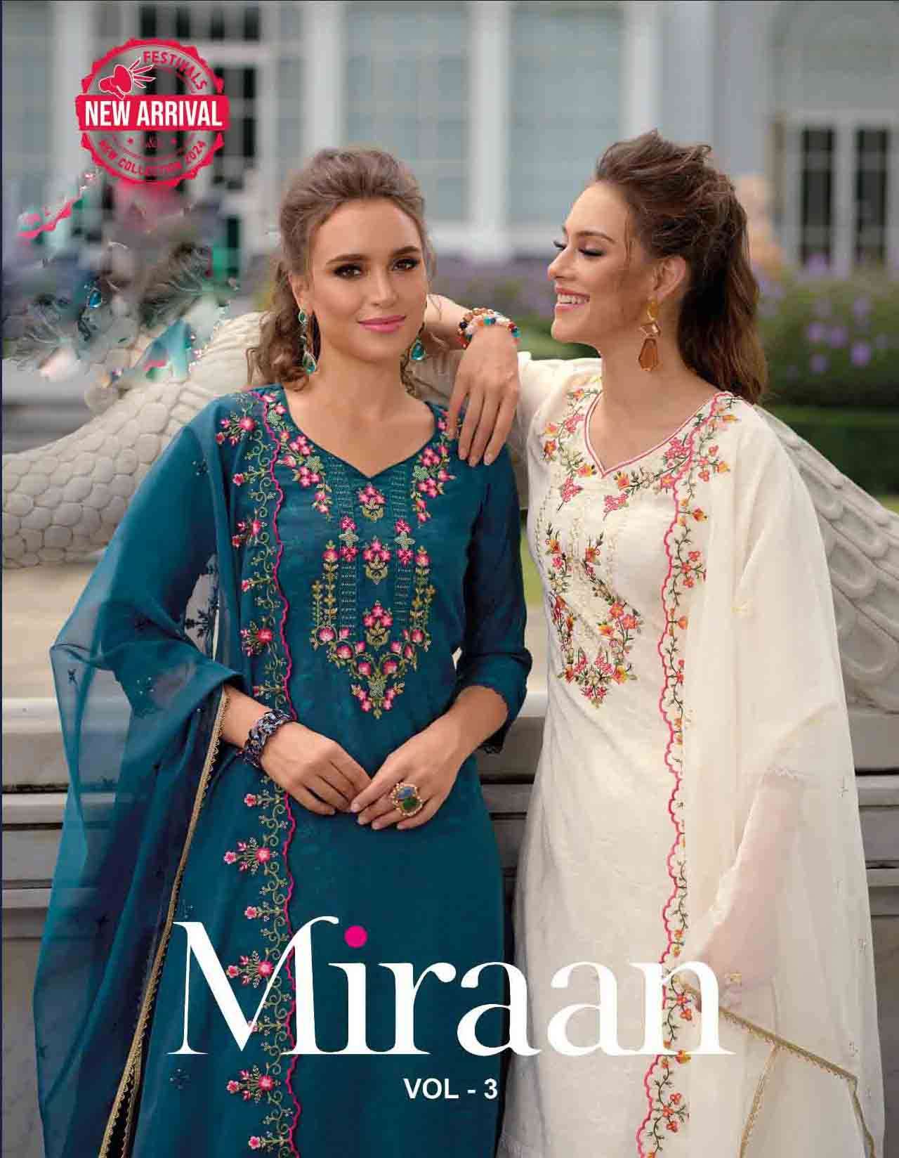 Miraan vol 3 by lily lali Fancy Embroidery kurti with Tulip Dhoti Style pant with Dupatta Collection