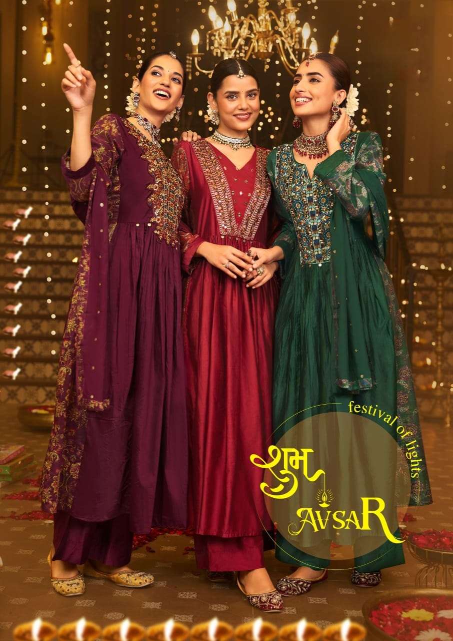 Shubh Avsar Anju fabrics Long Kurti Plazzo with Dupatta set For Diwali Festival Online at Krisha Creation