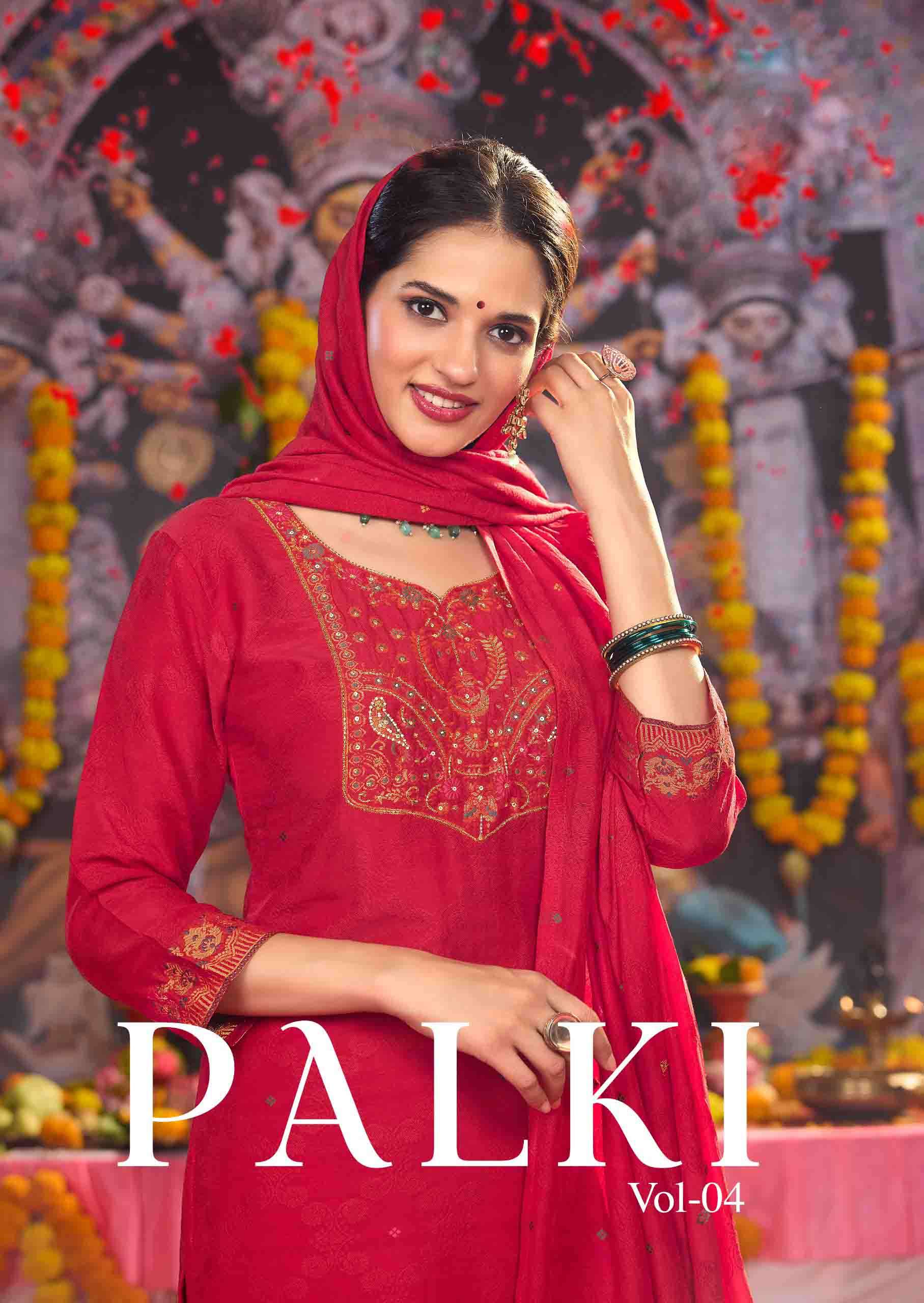 Buy Online Palki vol 4 by anju Muslin Jacqaurd with Meena Designer kurti pant dupatta set