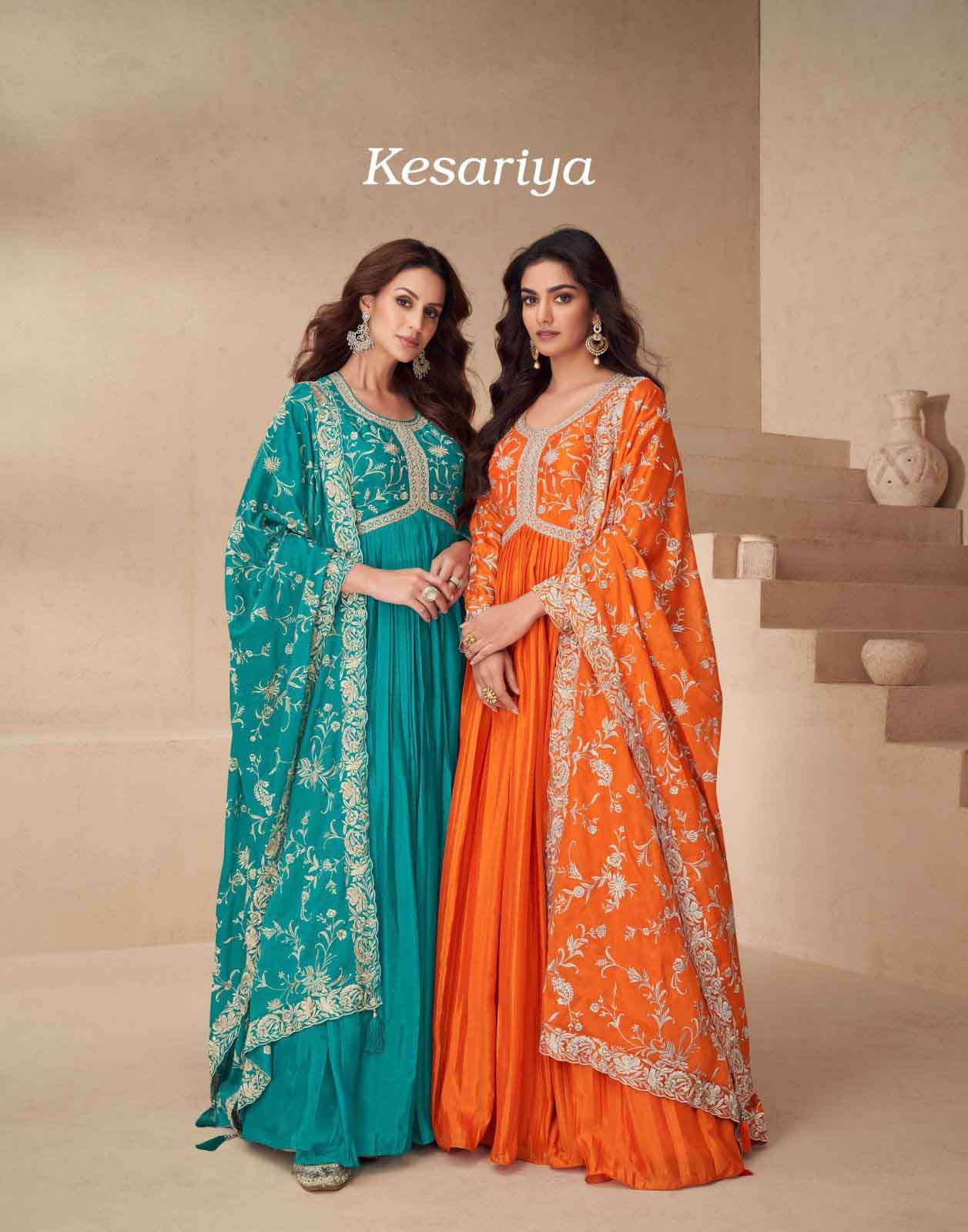 Kesariya Aashirwad Readymade Embroidered Alia Cut Style Gown with Heavy Embroidered Dupatta set