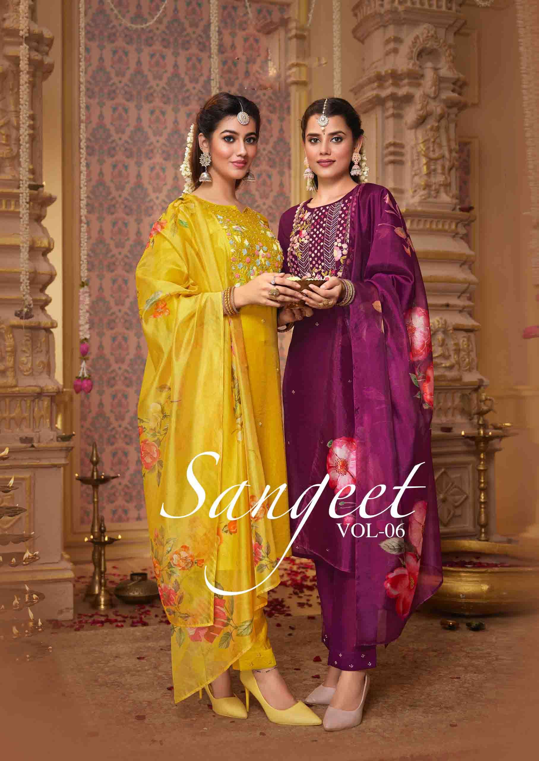 Sangeet vol 6 by anju Exclusive Partywear Kurti pant dupatta set online at krisha creation