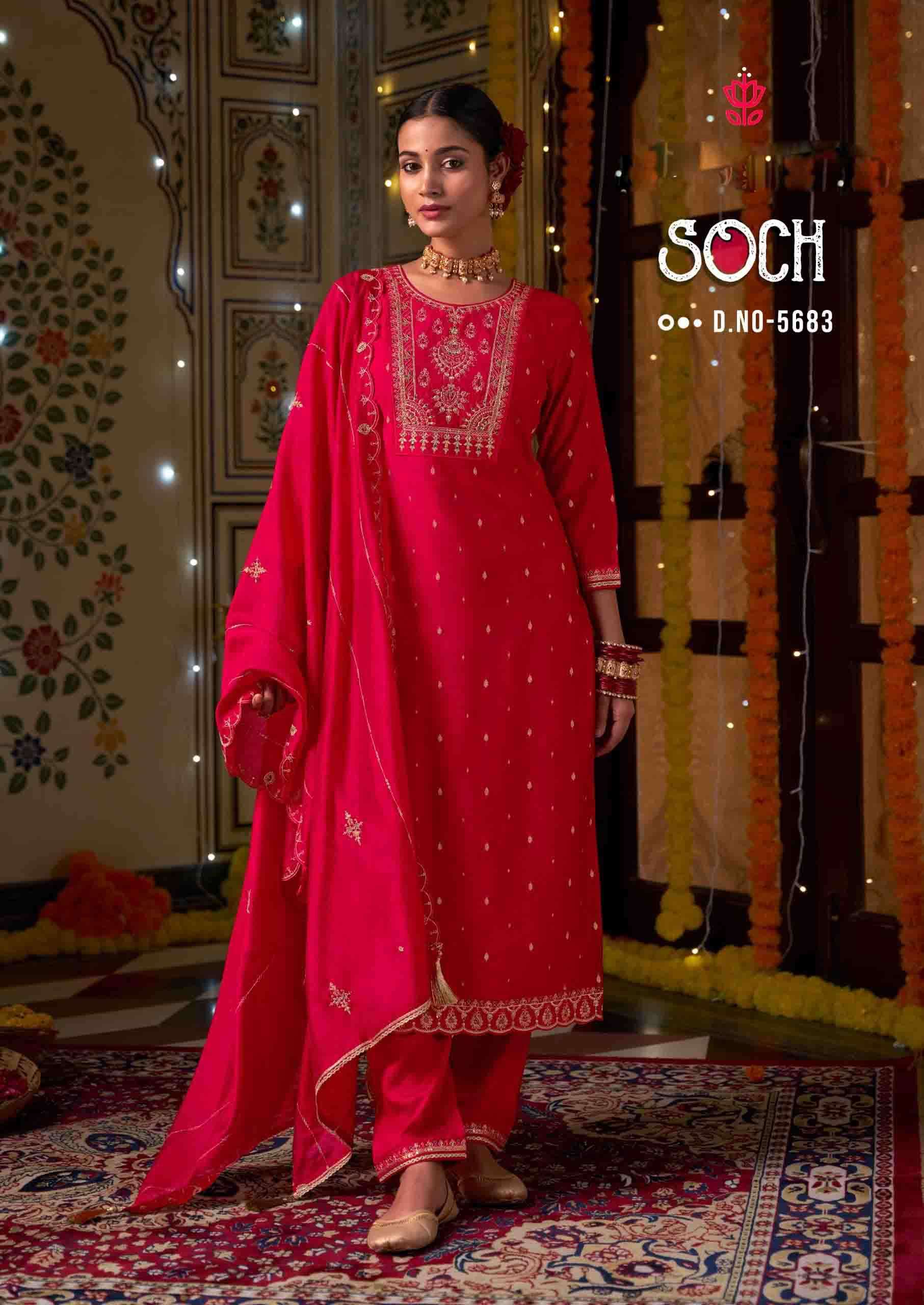 Soch Rangoon Viscose Jacqaurd With Fancy Embroidery Work and Khatli work Top Pant Dupatta set