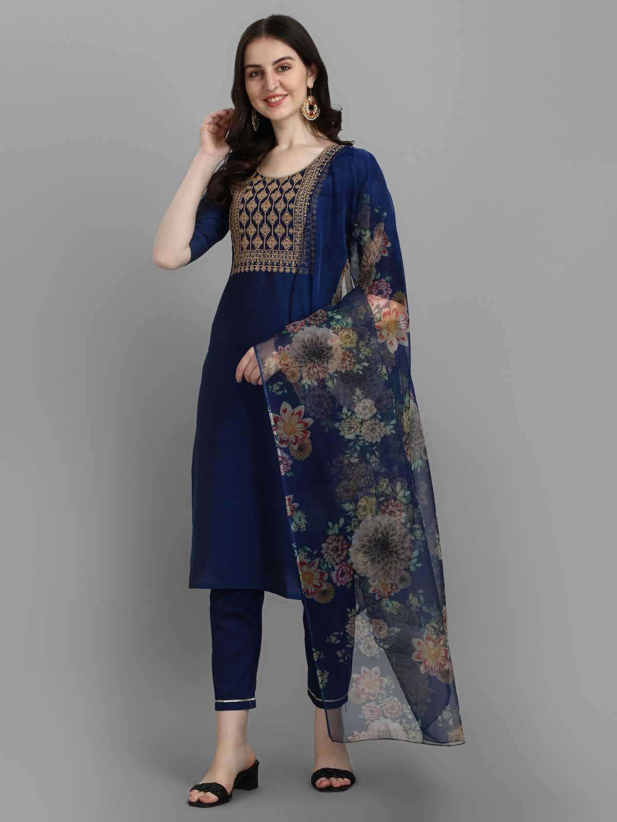 krisha creation presents Virtus Rayon Silk Blend With Embroidery Kurti with Pant Dupatta set Online