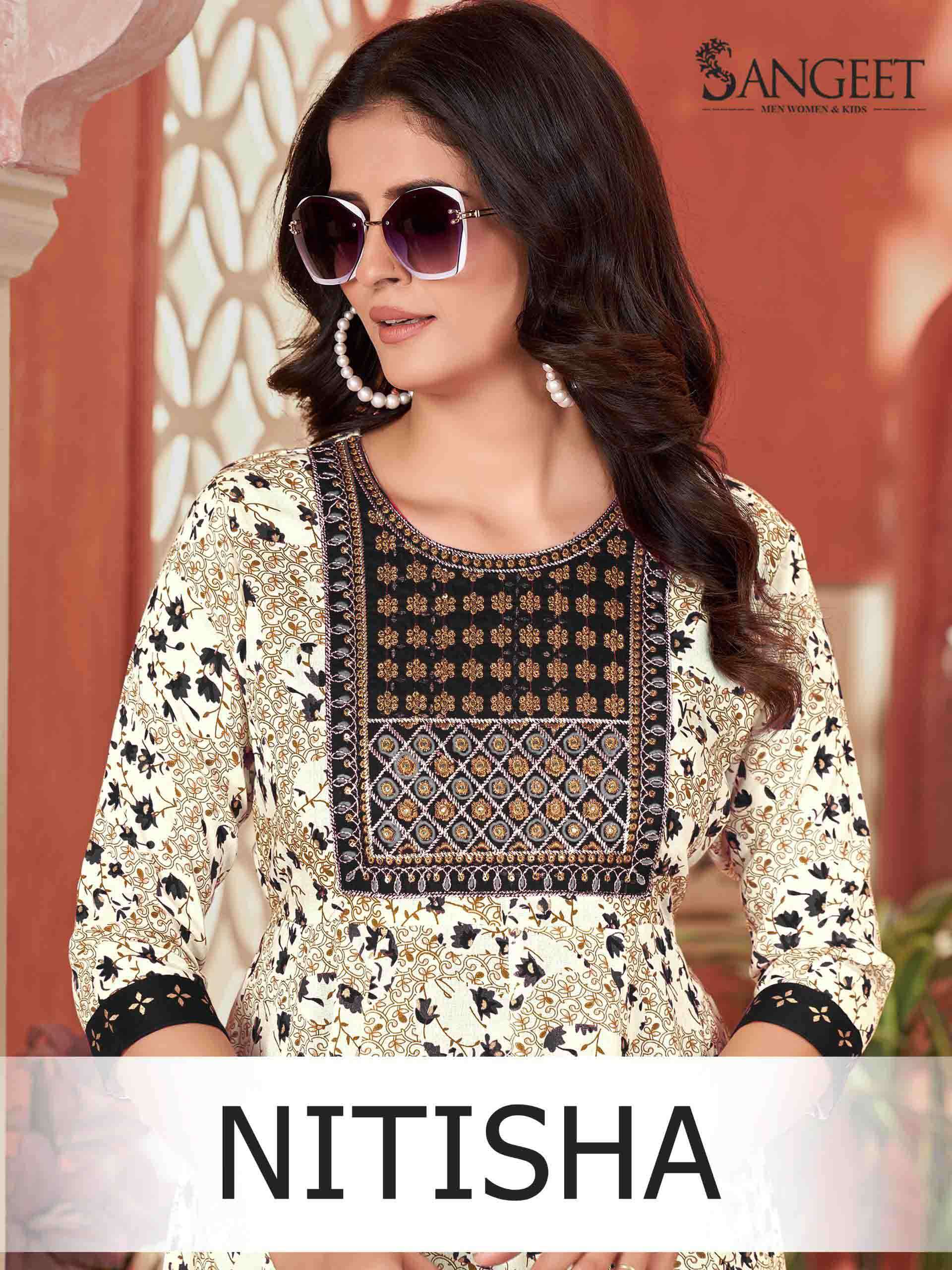 Nitisha By Sangeet Rayon Gold Print Embroidered Fancy Kurti Collection