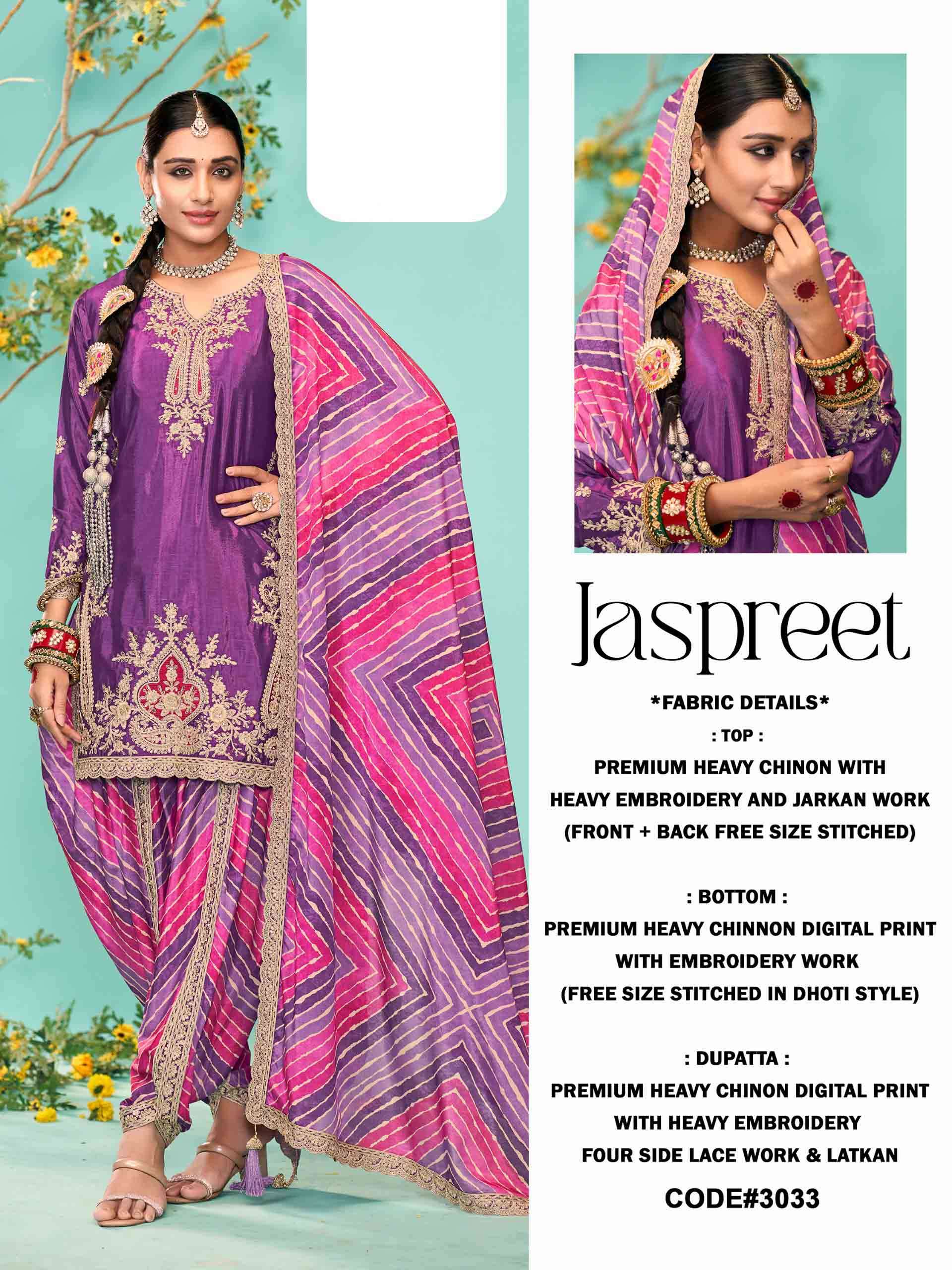 Jaspreet Heavy Premium Chinon Embroidery Salwar Suit with Dhoti Style Pant and Dupatta collection