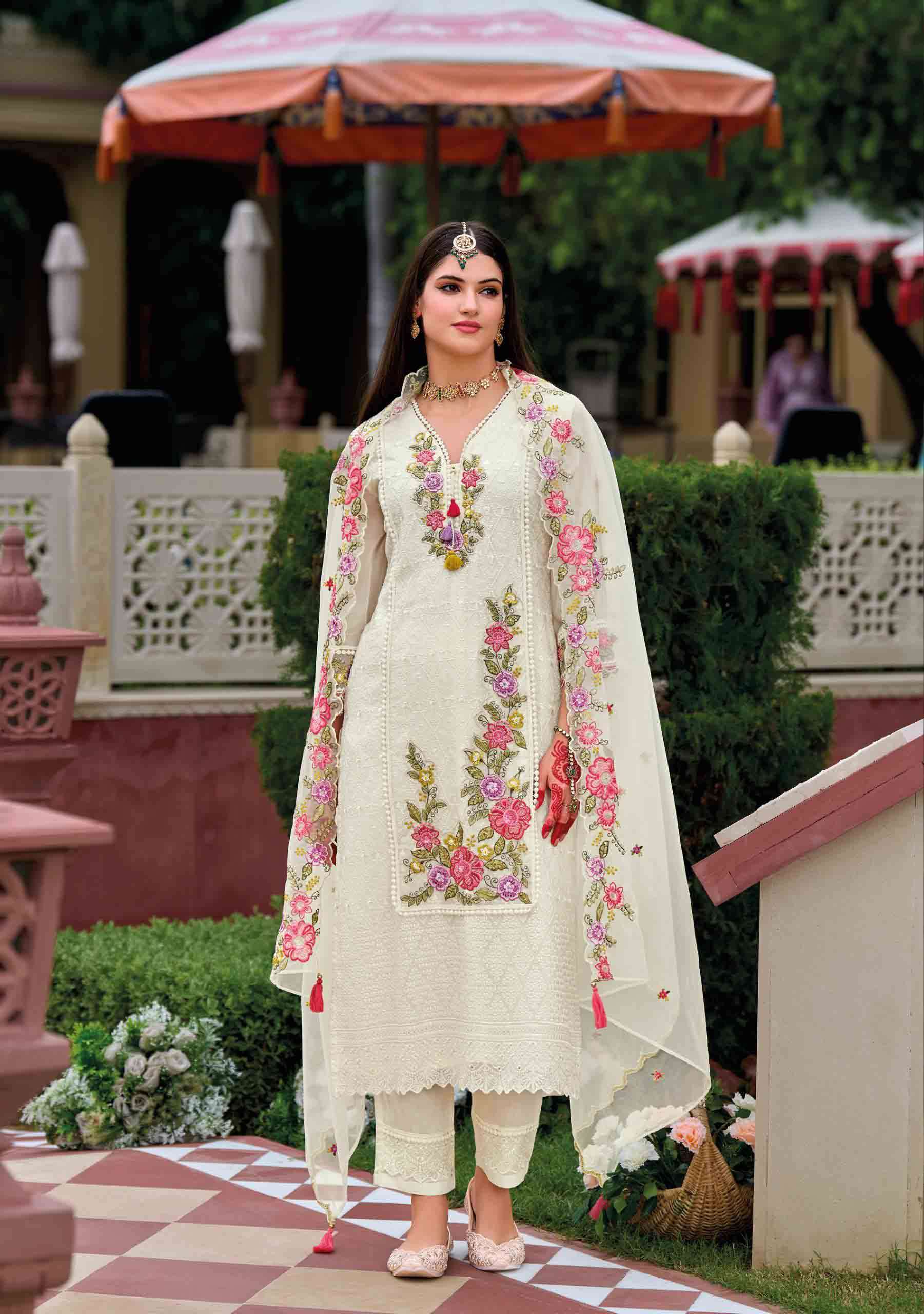 Kailee Alfaz Lucknowi Chikankari Pure Viscose Organza Kurti pant dupatta set for Eid Festival