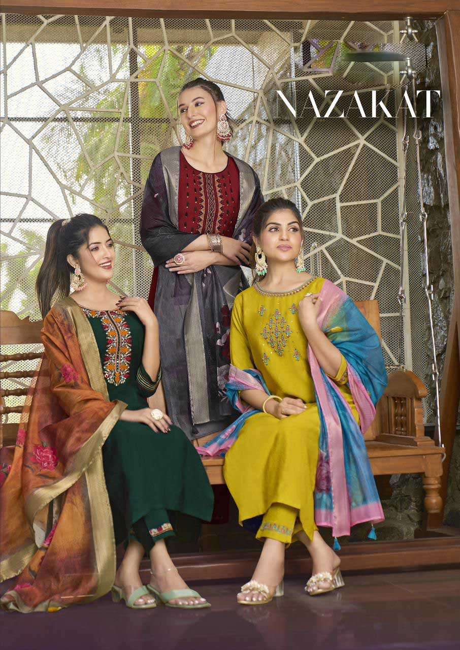 Kadlee Nazakat Viscose Weaving Embroidery Fancy Kurti Pant Dupatta set Online