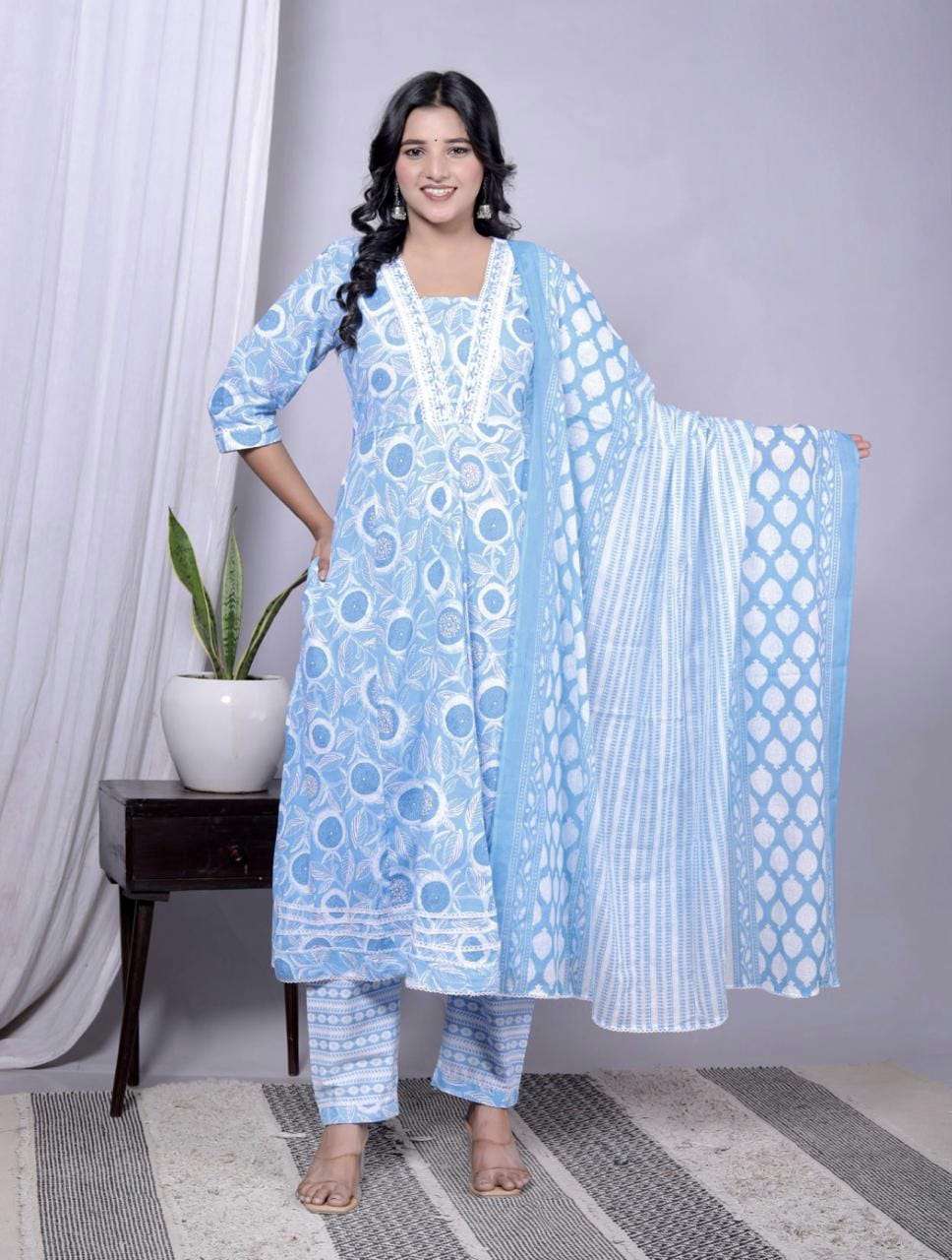 Buy Online Shweta Cotton Printed Anarkali Style Kurti Pant Dupatta set Online