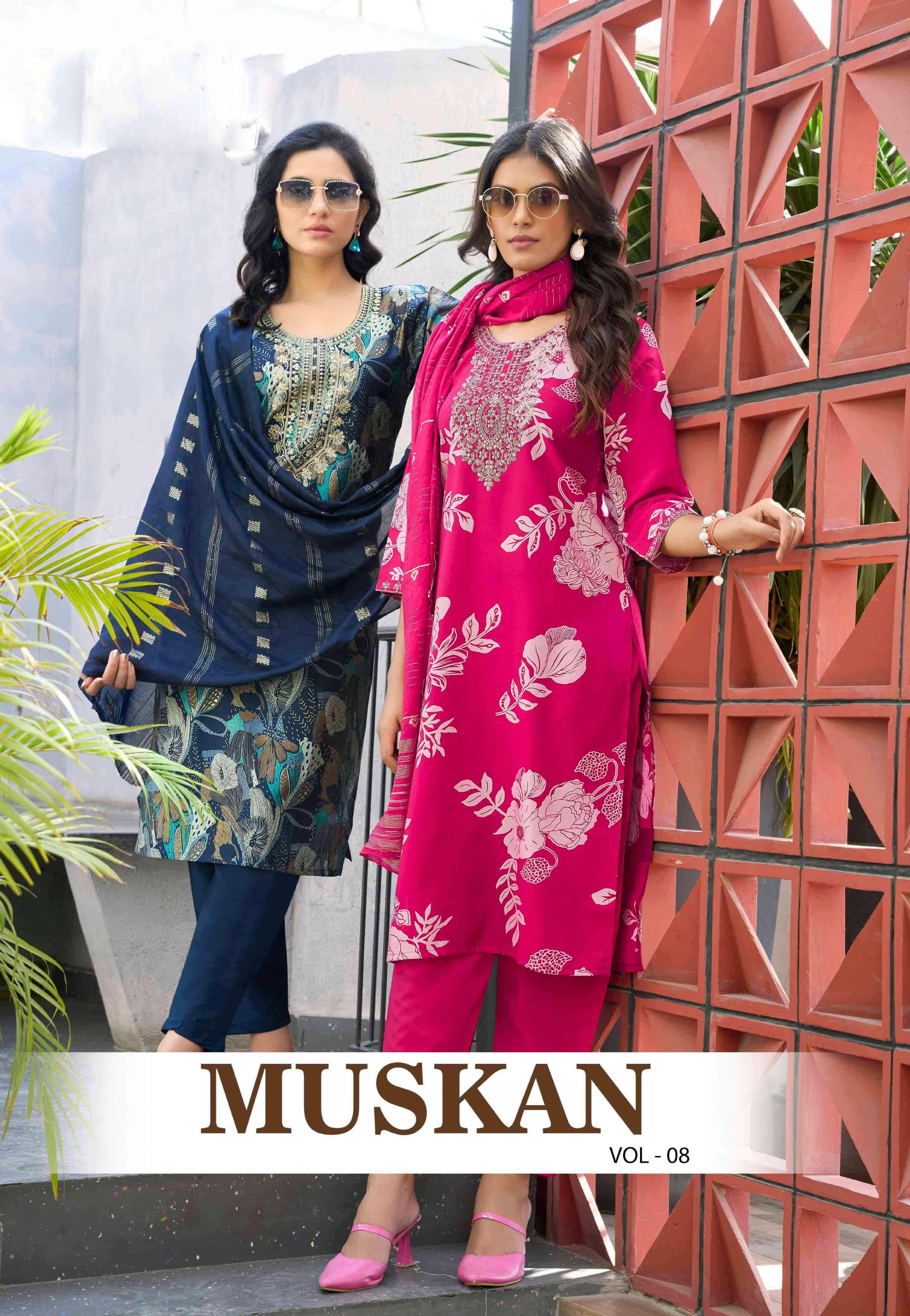 Ossm Muskan vol 8 Premium Chanderi Modal Foil Print Embroidered Kurti Pant Dupatta set Online For Eid