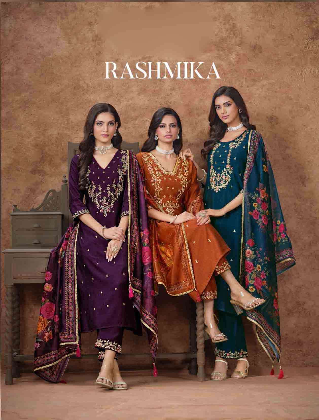 Rashmika Lily lali Exclusive Viscose Silk Embroidery Fancy Kurti Pant Dupatta Collection