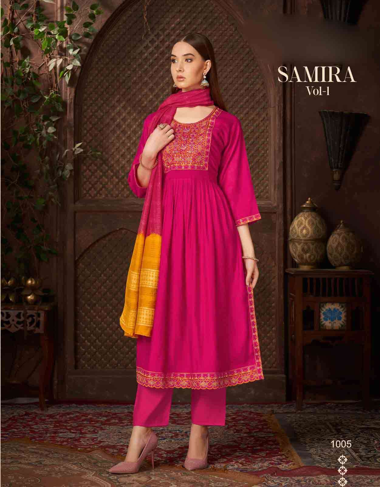 Taniksh Samira vol 1 Nyra cut Roman Embroidery Kurti Pant Dupatta