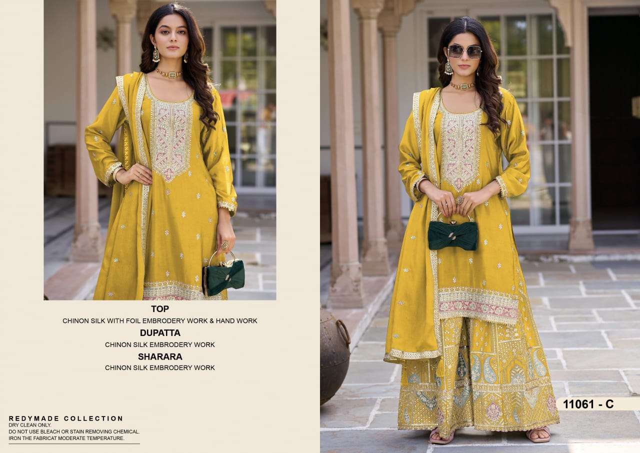 Ziana 11061 Colors Chinon Silk Embroidery and Handwork Sharara Collection