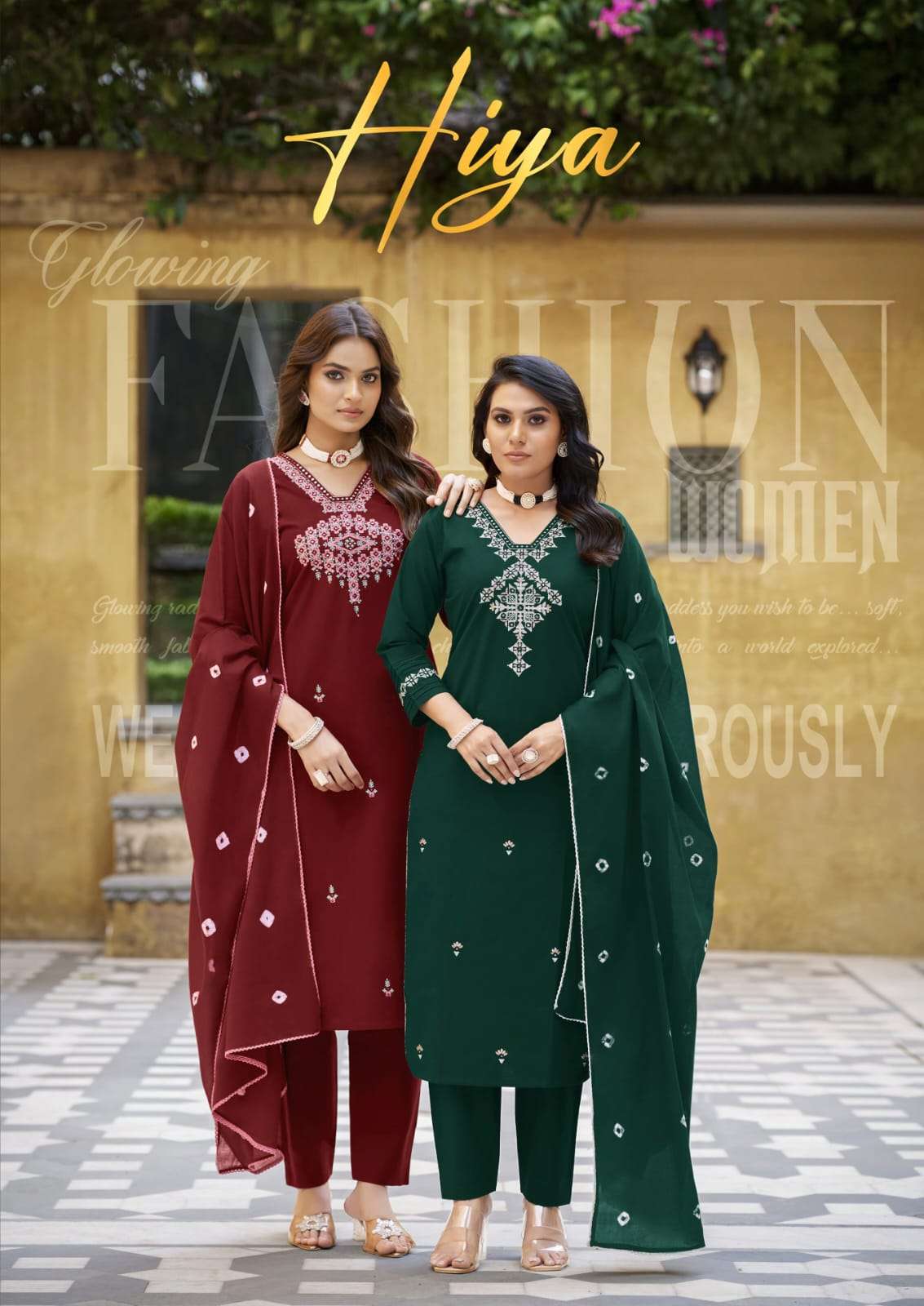 Hiya Karissa Premium pure heavy dhabu cotton With Tread Work Straight Cut Kurti Pant Dupatta Set