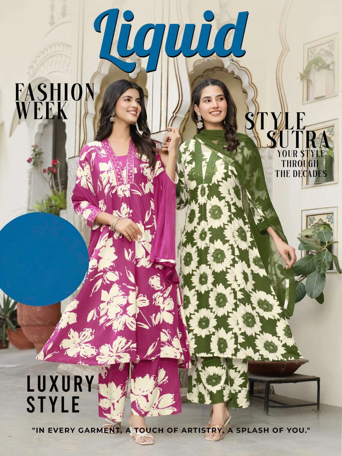 Liquid 3PC Straight Cut Kurti with Rayon Print and Nazneen Dupatta Of Kaya