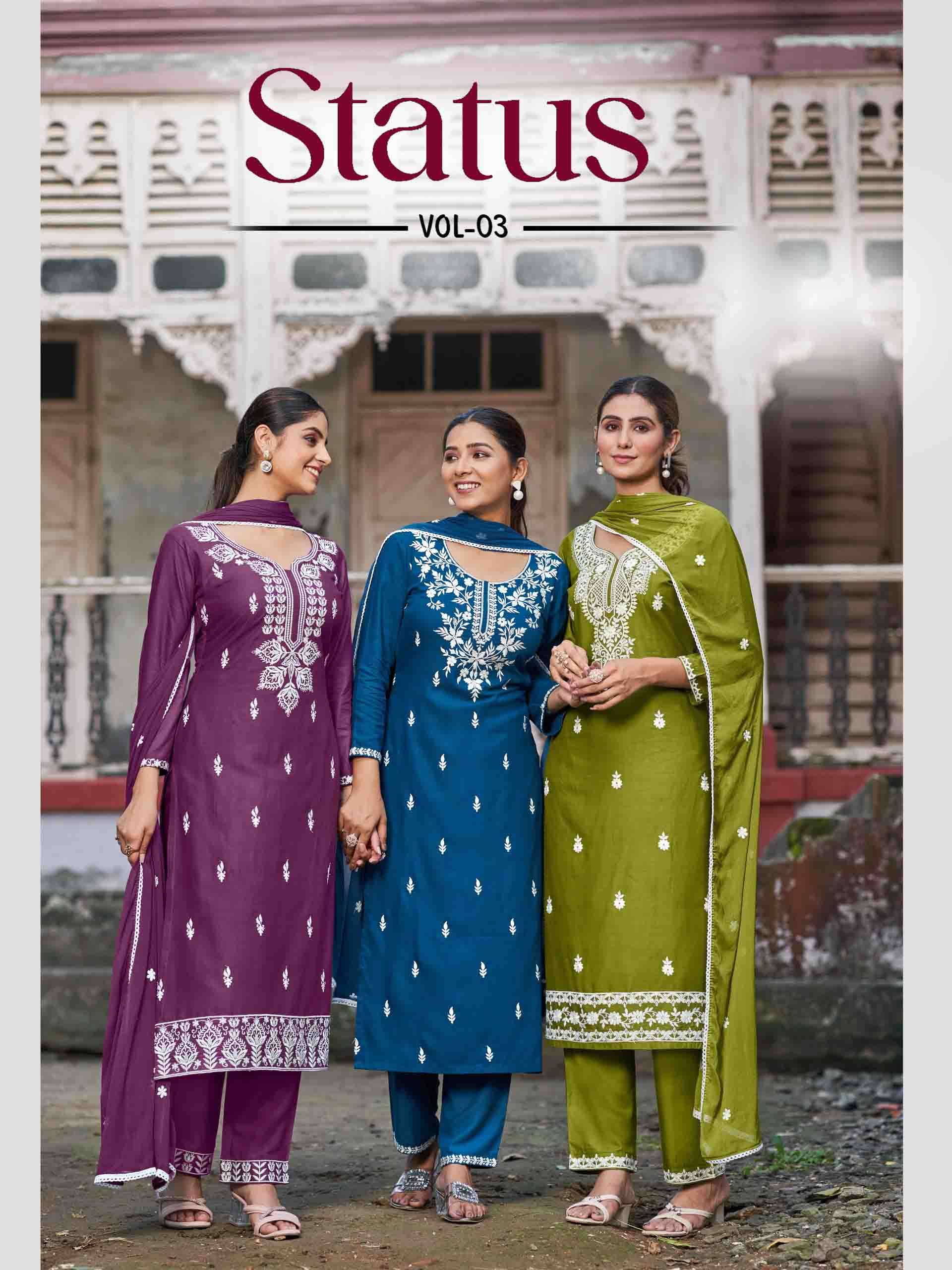 Status Vol 3 3PC Top Pant Dupatta with White Thread Work