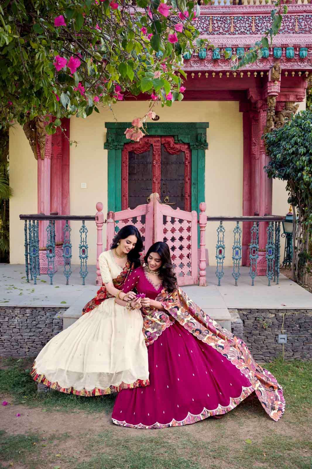 Varika Vichitra Silk Sequins and Thread Embroidery Work Kalamkari print Partywear Lehenga Choli collection