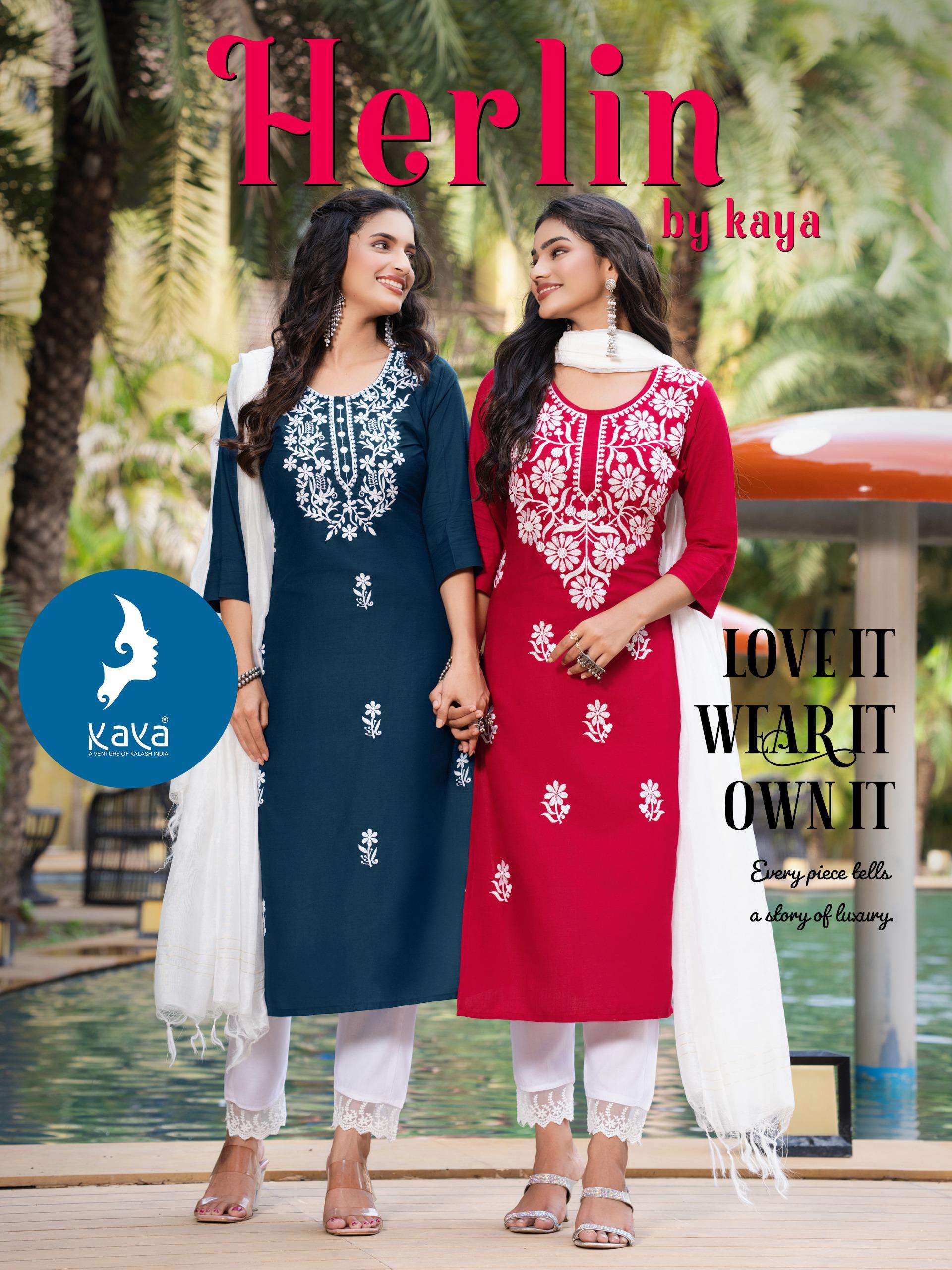Kaya Herlin 3pc Straight Kurti with Lucknowi Thread Work Wholesale Supplier in Surat  Krisha Creation