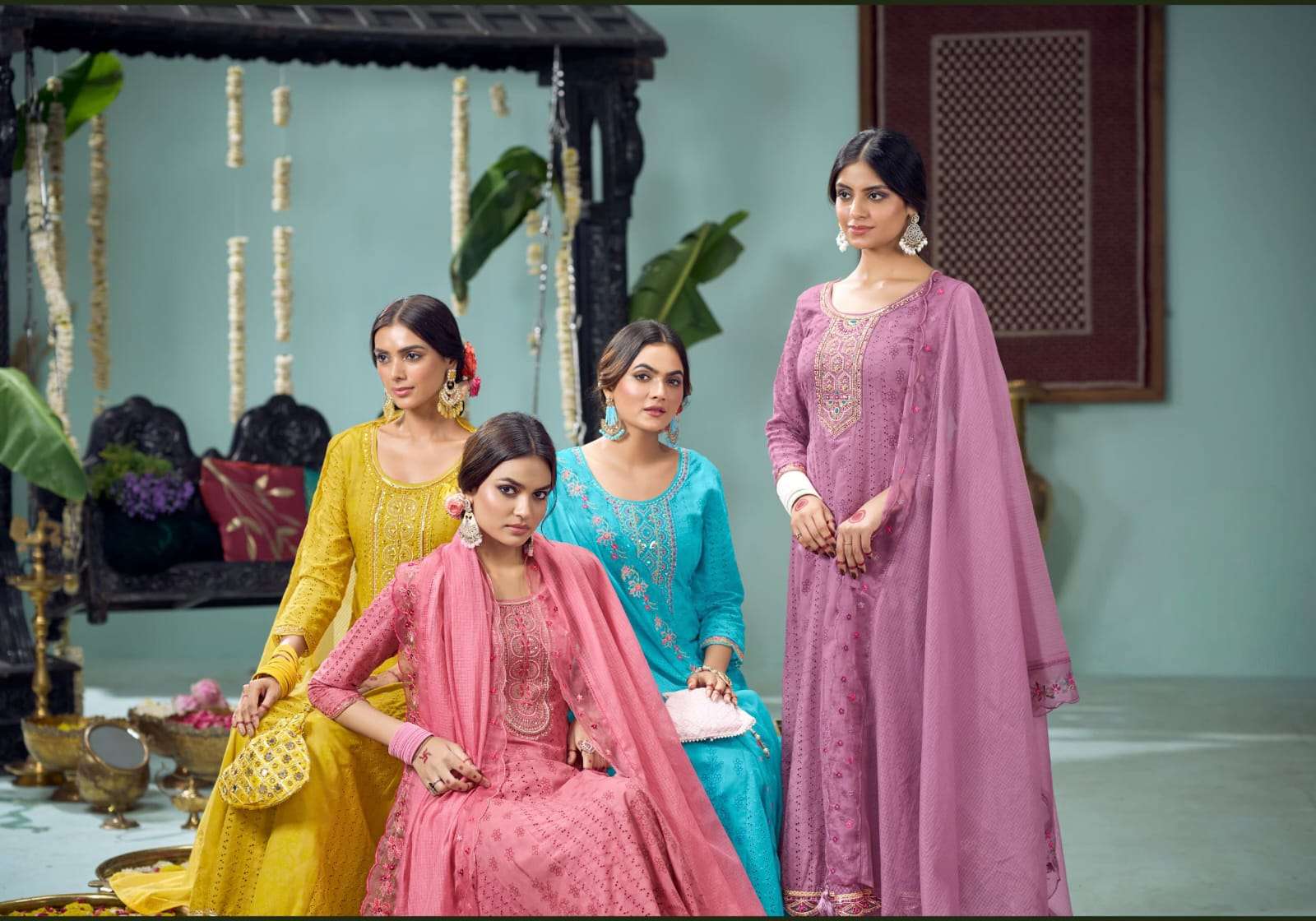 Kesar Rangoon Anarkali Style Pure Cotton Schiffli with Khatli Handwork Collection Kurti Pant Dupatta set