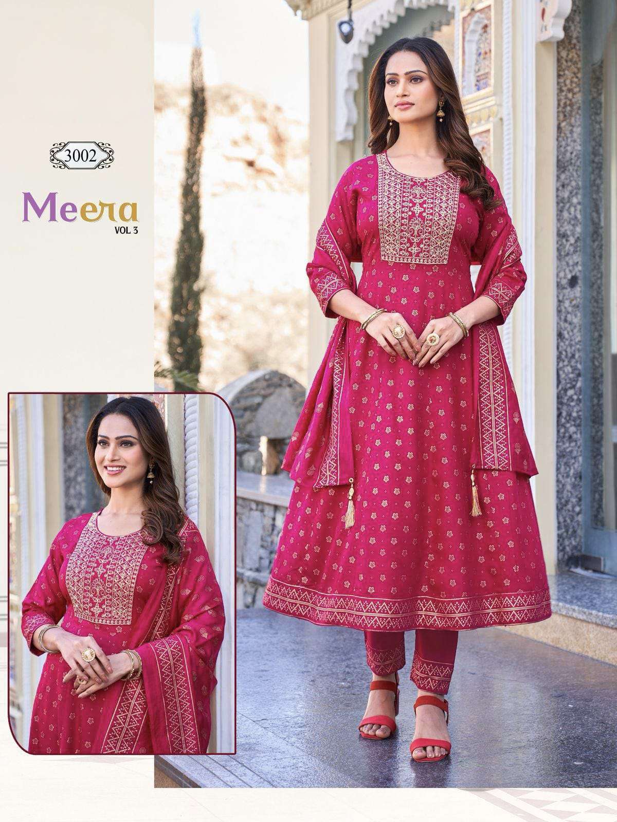 meera vol 3 nx rayon anarkali style rayon print with embroidery kurti pant dupatta set