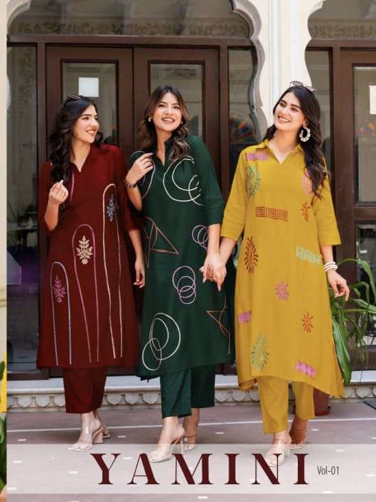 MYSTIC 9 Yamini Vol 1 Premium Heavy Vertican A Line Dress with Sleeves Lock Collar and Embroidery  Krisha Creation