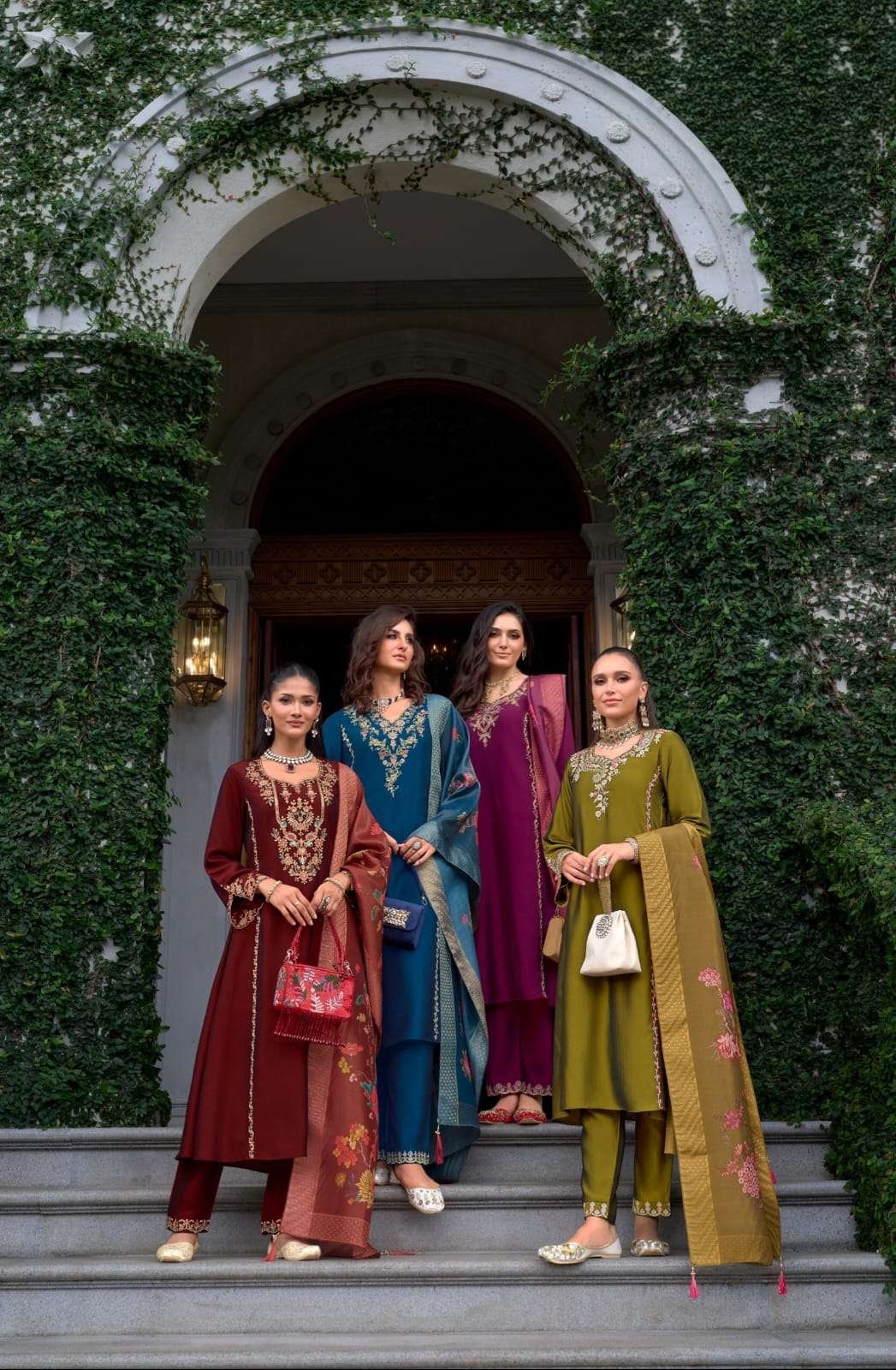 Malkana Lily lali  A line embroidery with handwork Kurti pant Dupatta set for Festive Season at Krisha Creation Online Wholesaler Surat