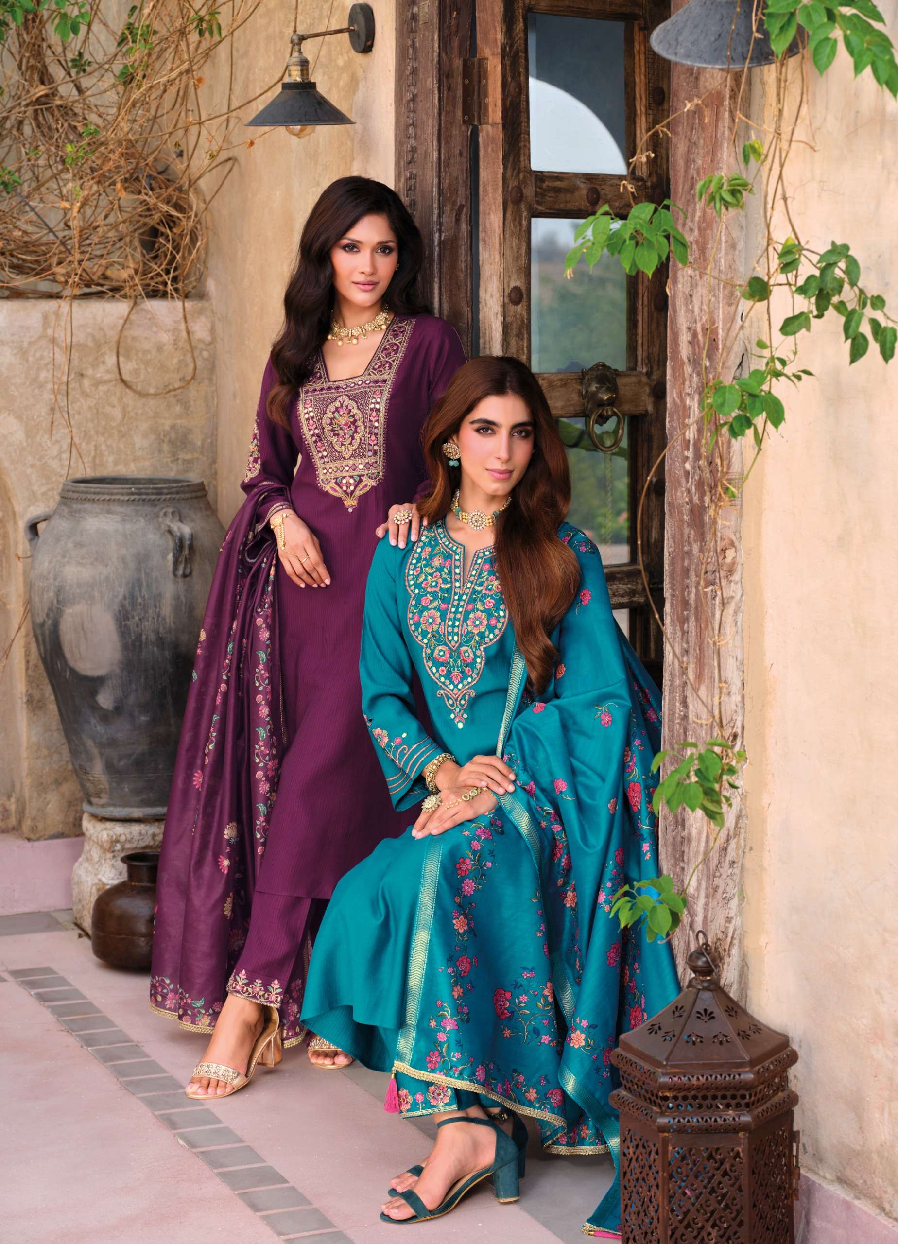 Berlin Lily lali Pure Mirror and Embroidery Work in Viscose Silk Kurti Pant Dupatta set for Festive Season