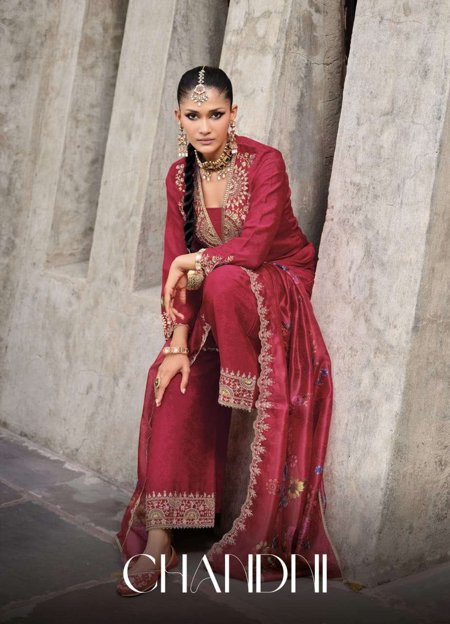 Chandni Lily lali Handwork on Fancy Chinon Silk Kurti Pant Dupatta set Online