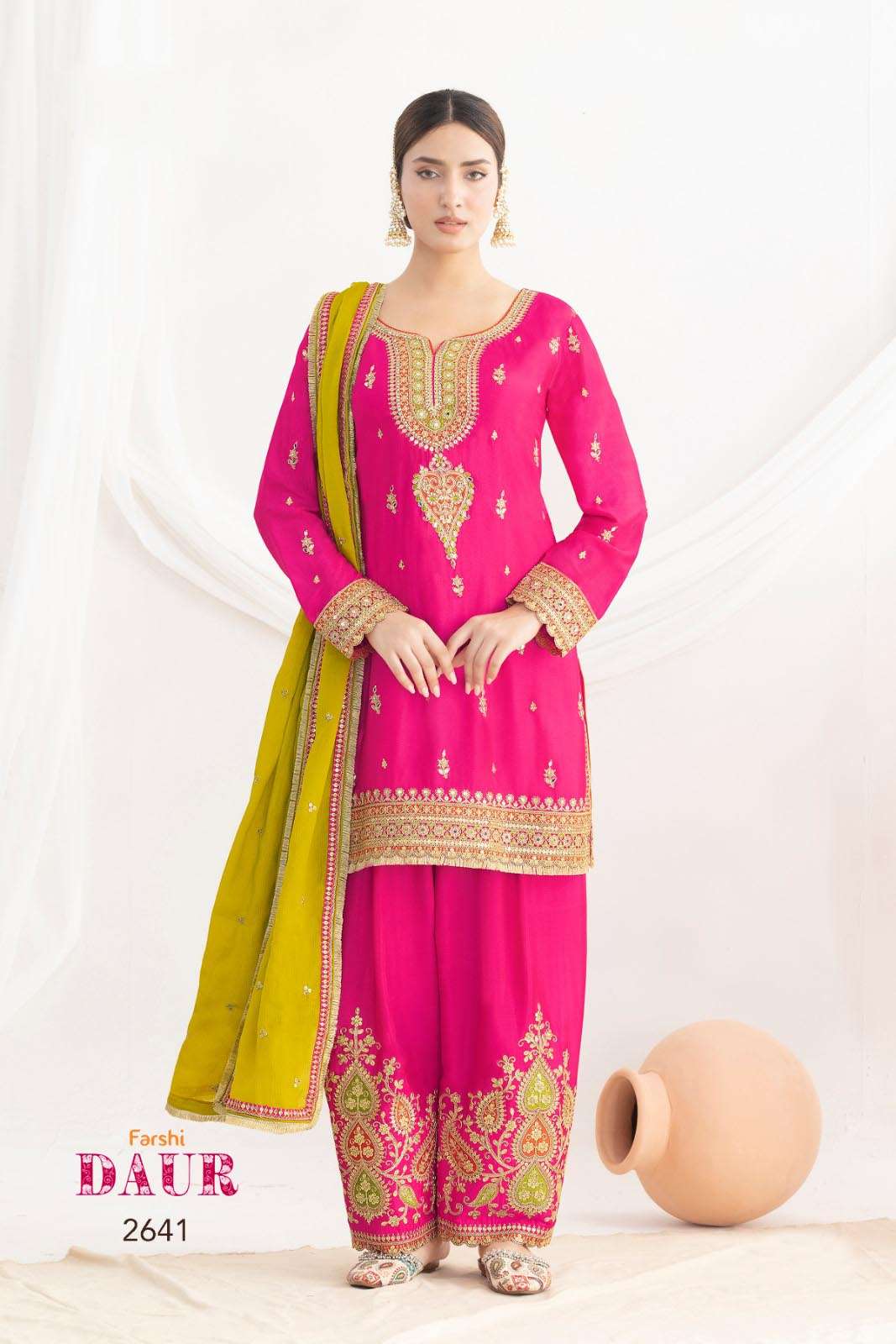 Daur Premium Chinnon Salwar Suit with Farshi Salwar and Dupatta  Elegant Embroidery Handwork at Krisha Creation Surat 