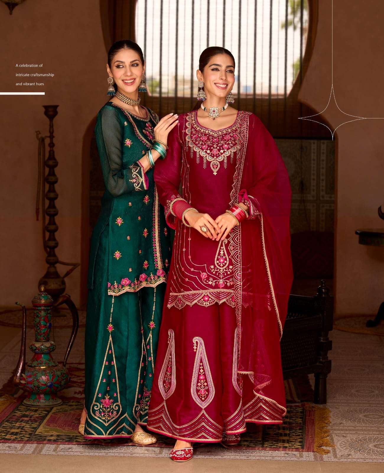 Andorra Lily lali Embroidery handwork Premium Kurti with Divider Palazzo collection online at krisha creation