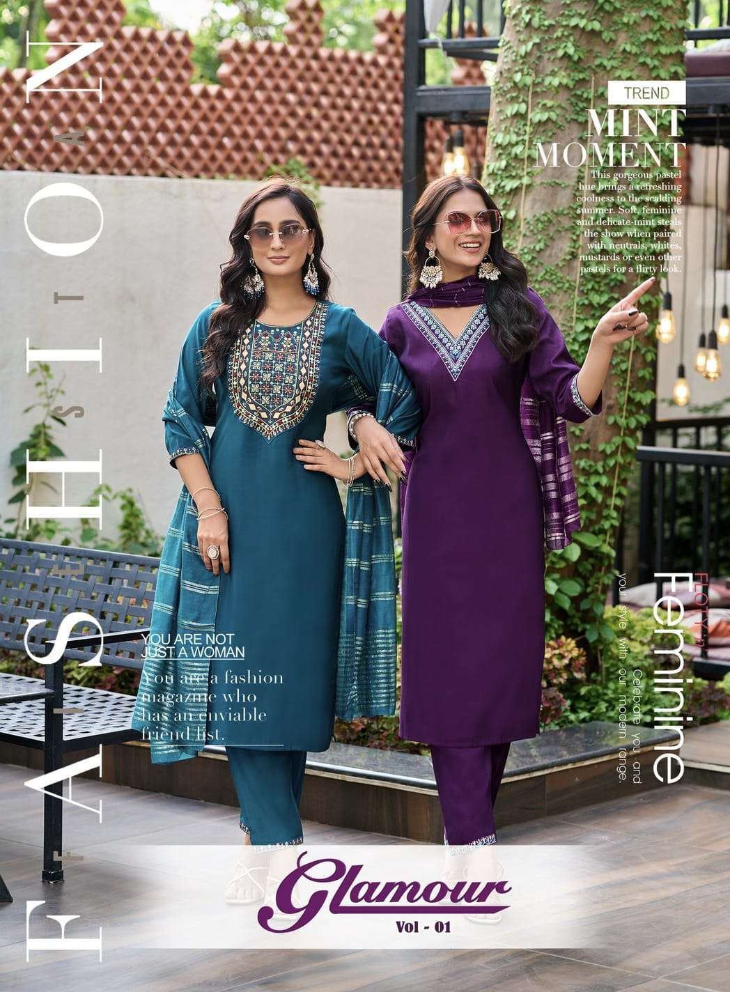 Glamour vol 1 Passion Tree Roman Silk Straight Cut Kurti Pant Dupatta set wholesaler krisha creation