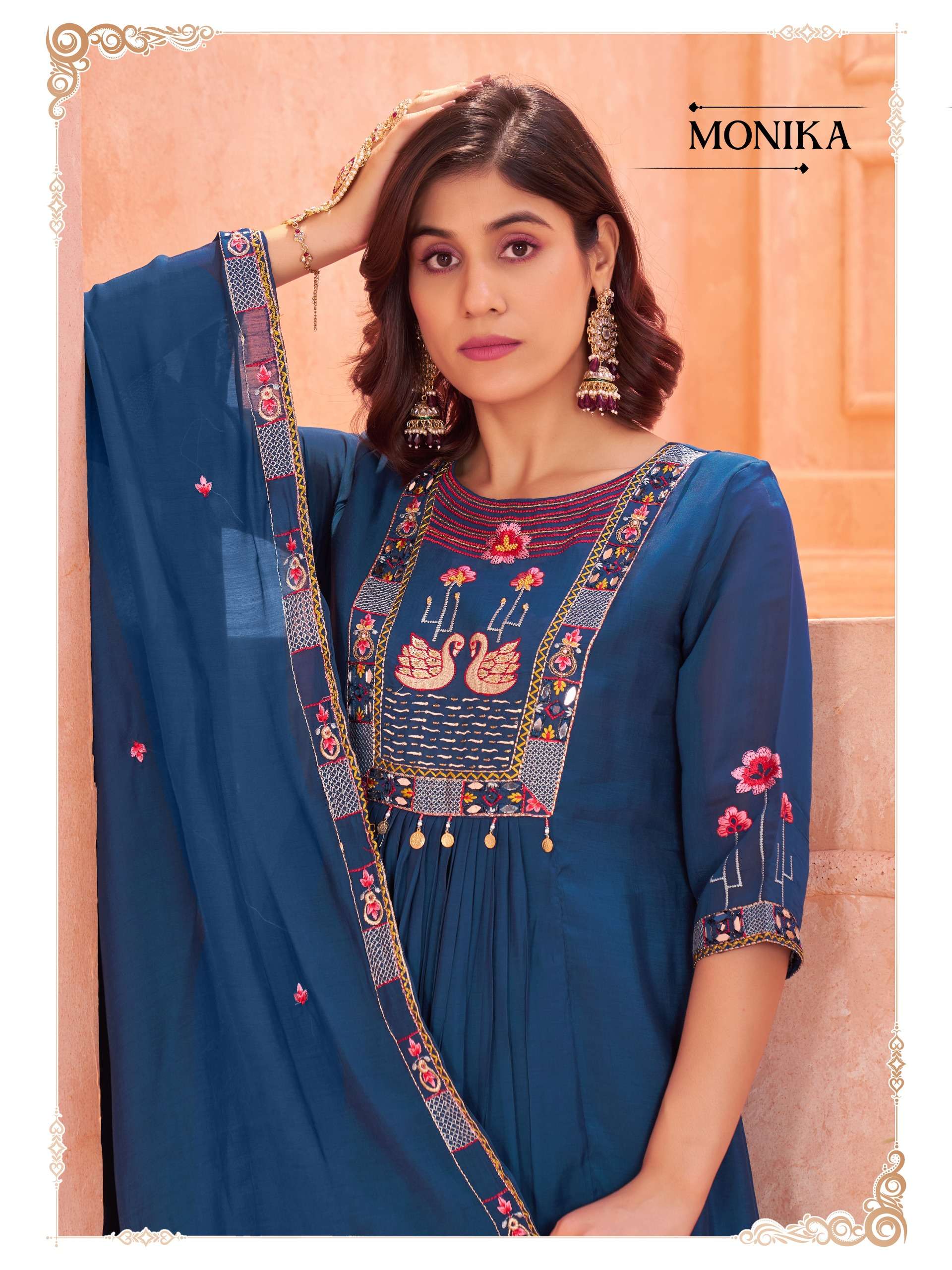 MONIKA Krisha Creation Soft Mull Chanderi Silk Suit with Cotton Inner and Pure Chanderi Dupatta Hand  Real Mirror Work Wholesaler Surat