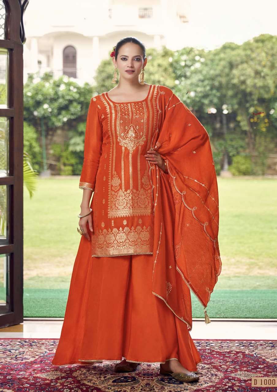Rangoon Darpan Dola Russian Silk Jacquard Kurti Palazzo Dupatta Set Wholesale at Krisha Creation