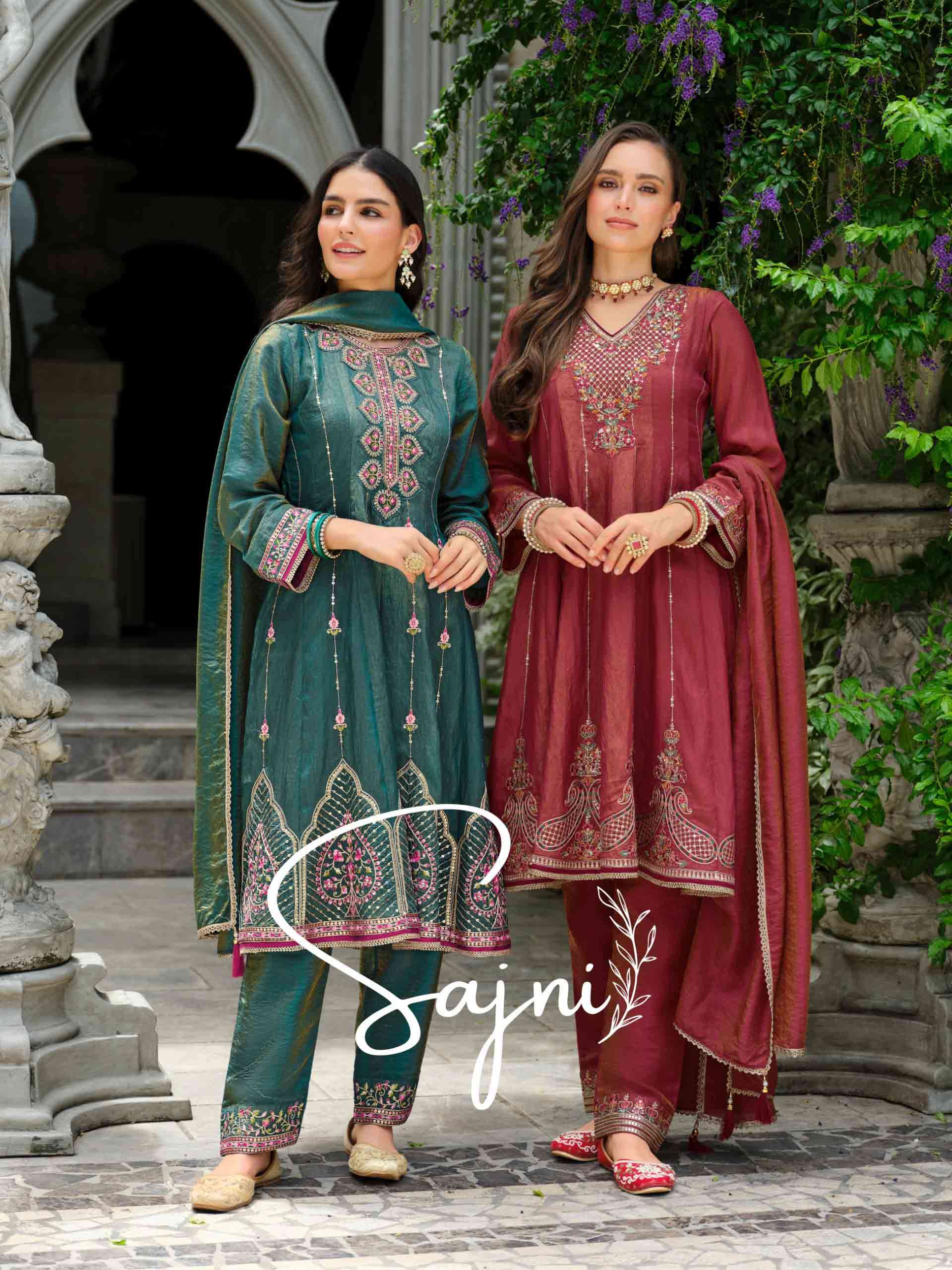 Sajni Lily lali Embroidery and Handwork Silk Kurti pant dupatta set at wholesaler krisha creation