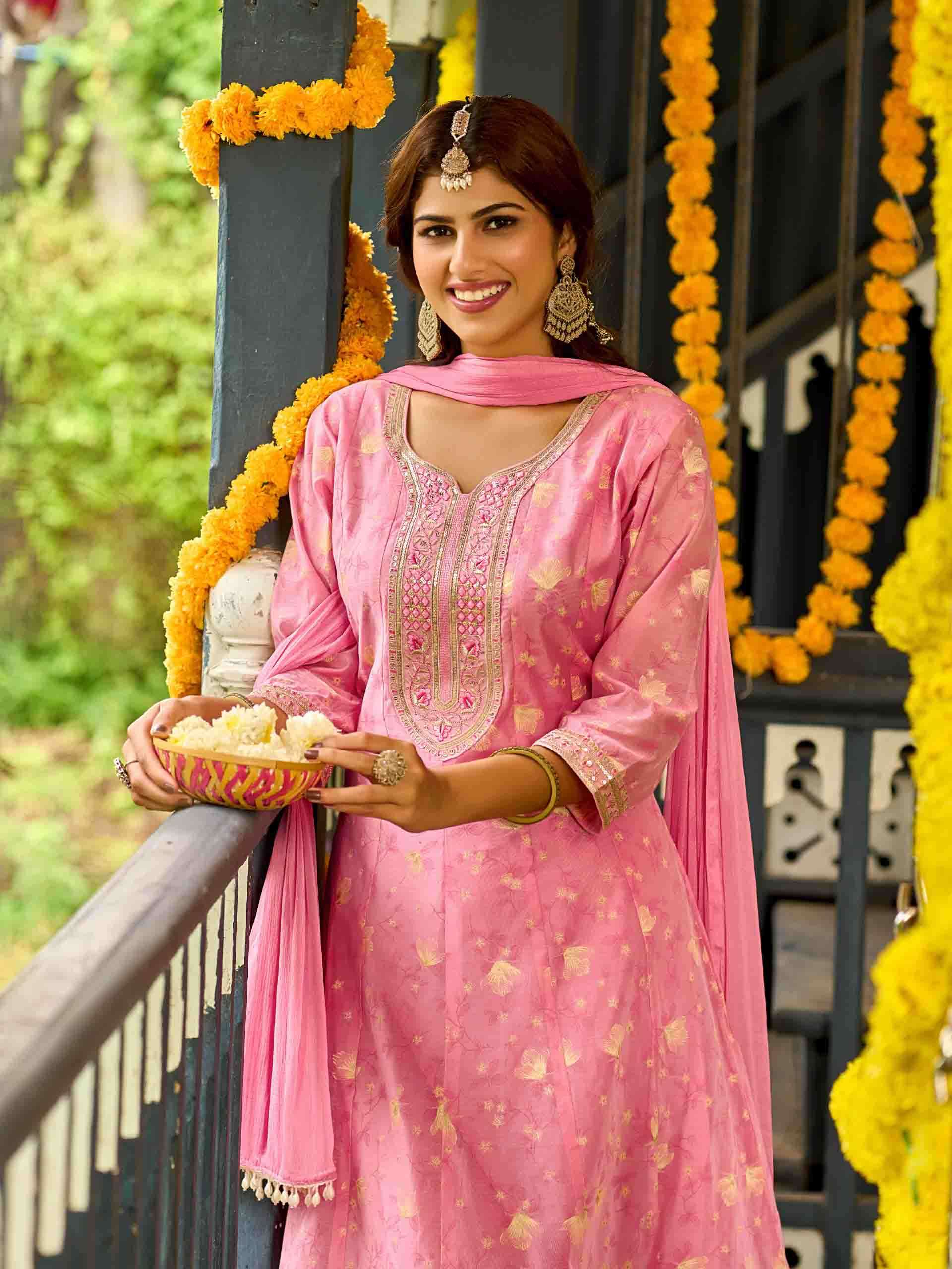 Aanchi Jigisha Modal Silk Butti Flair Set with Fancy Nazneen Dupatta Krisha Creation Wholesaler Surat